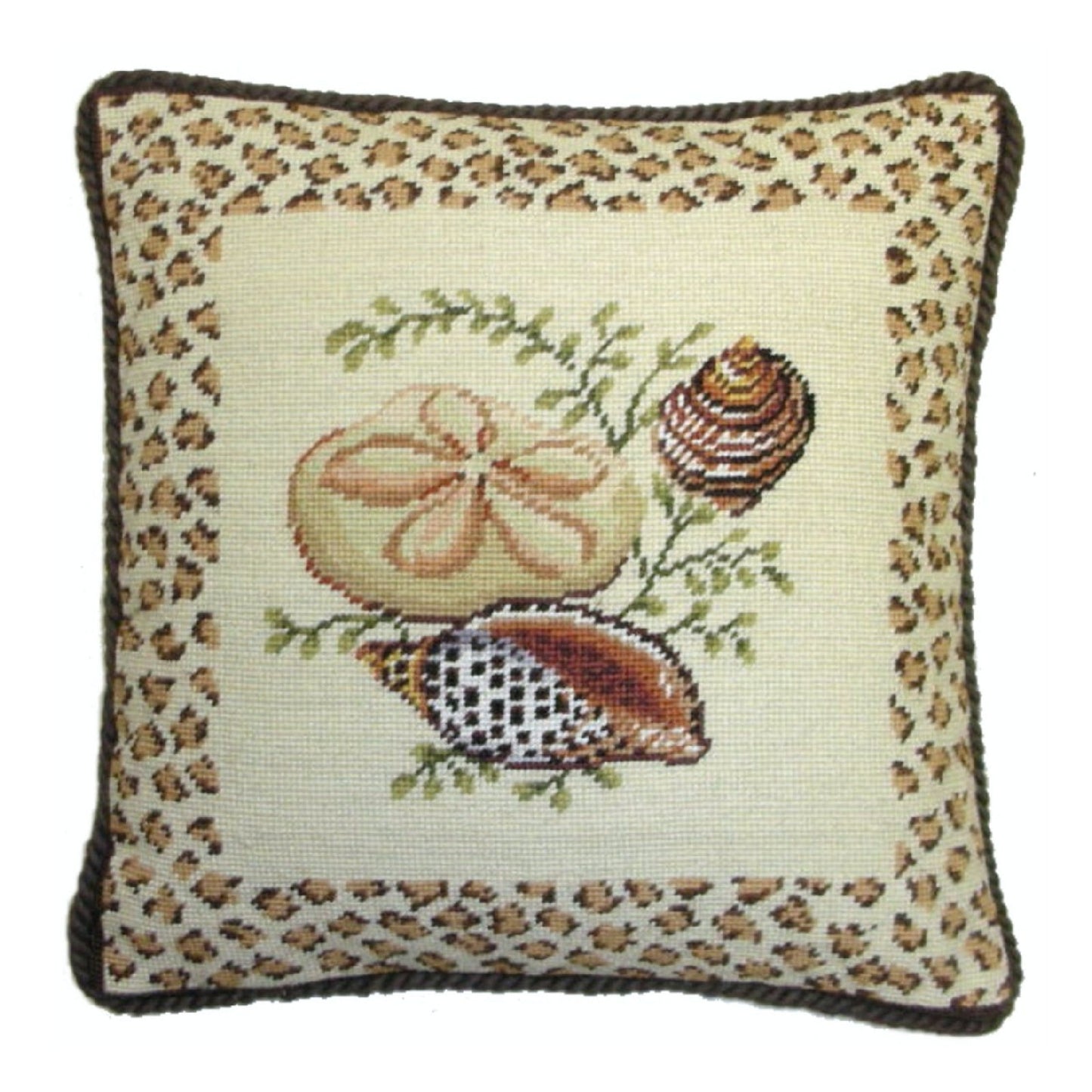 Handmade Wool Needlepoint Pillow Cover - Decorative Throw Cushion Cover - Vintage Floral Embroidery Design light & flat sea shell with brown tassel