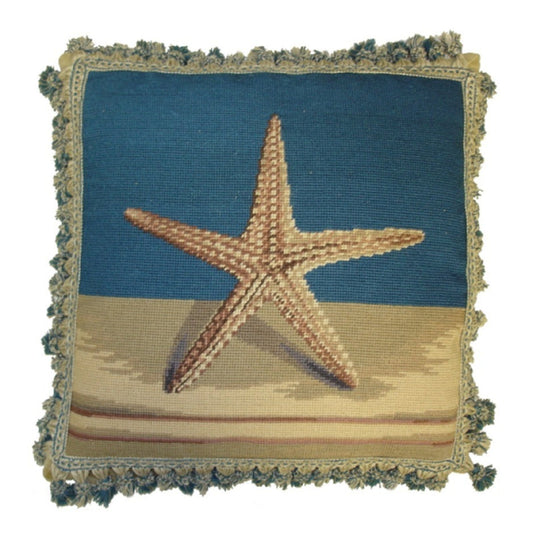 Handmade Wool Needlepoint Pillow Cover - Decorative Throw Cushion Cover - Vintage Floral Embroidery Design sea star with 2 color tassel