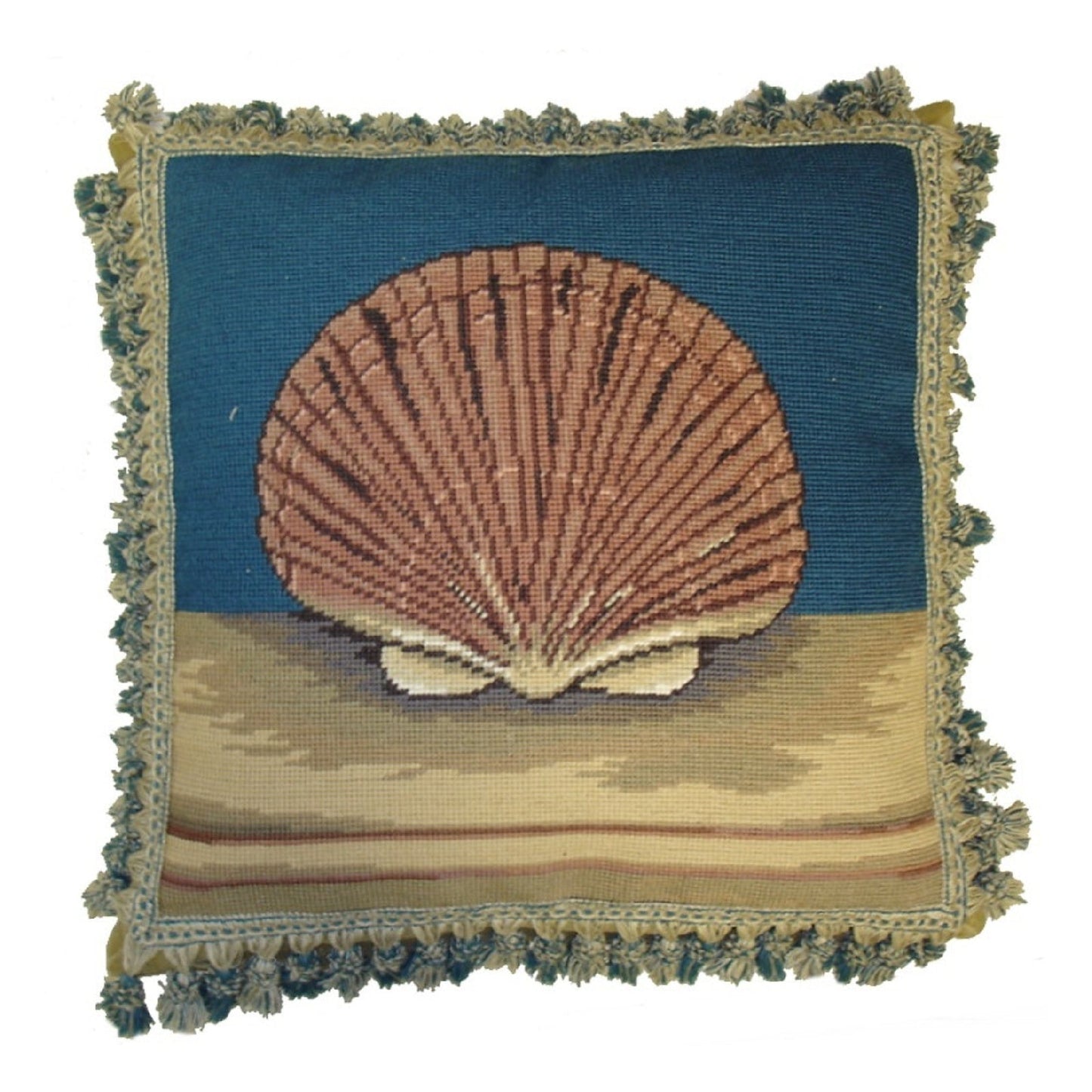 Handmade Wool Needlepoint Pillow Cover - Decorative Throw Cushion Cover - Vintage Floral Embroidery Design sea fanshell with 2 color tassel