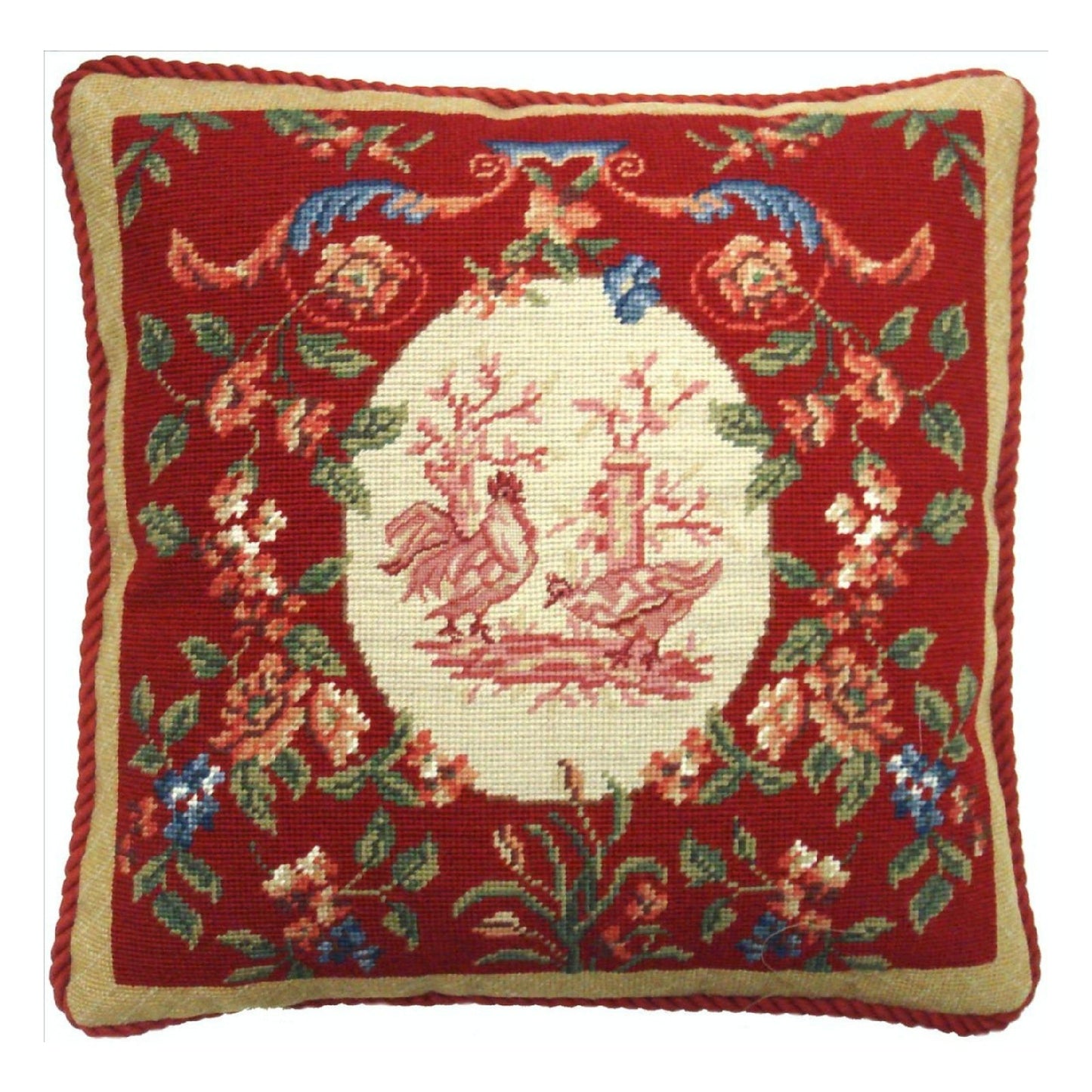 Handmade Wool Needlepoint Pillow Cover - Decorative Throw Cushion Cover - Vintage Floral Embroidery Design chickens floral with red cording