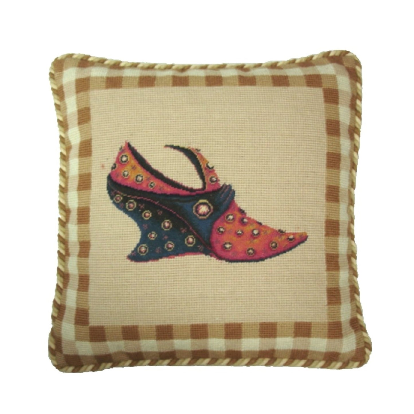 Handmade Wool Needlepoint Pillow Cover - Decorative Throw Cushion Cover - Vintage Floral Embroidery Design carton shoe badge background with 2 color cording