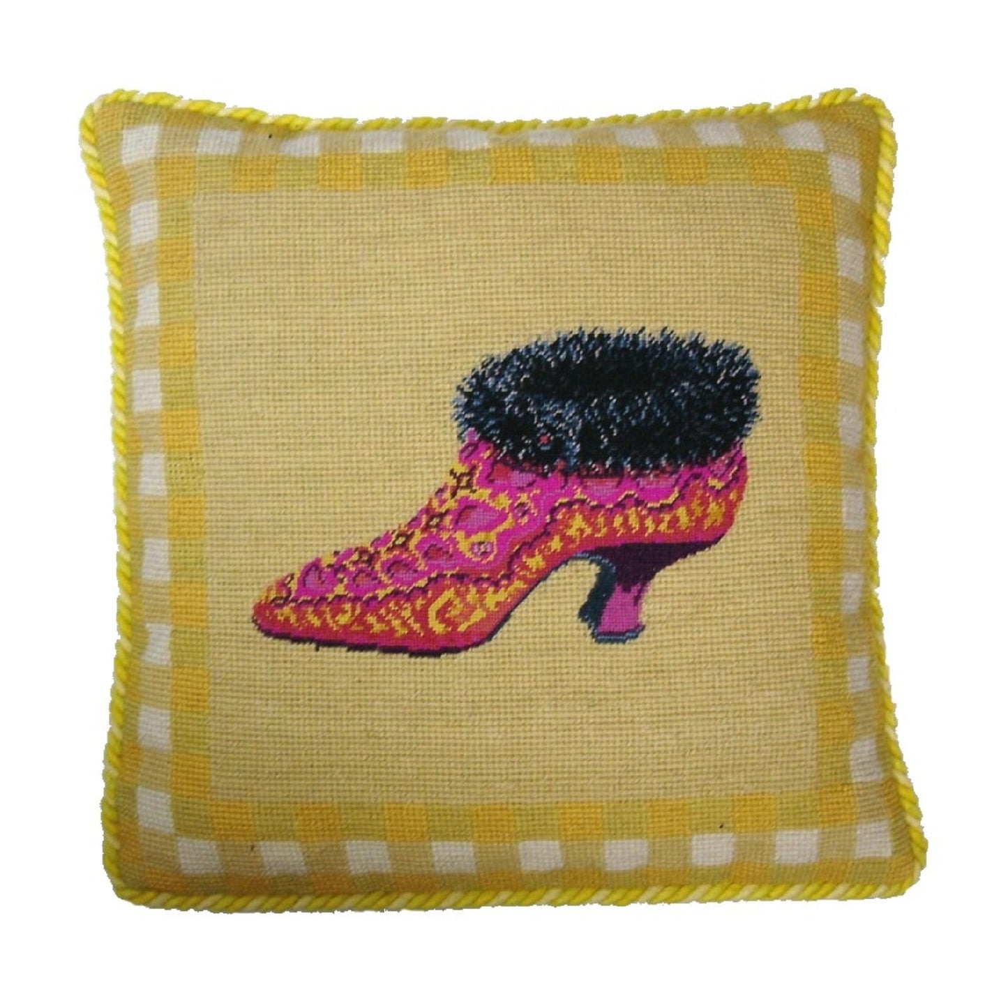 Handmade Wool Needlepoint Pillow Cover - Decorative Throw Cushion Cover - Vintage Floral Embroidery Design  fur shoe yellow background with 2 color cording