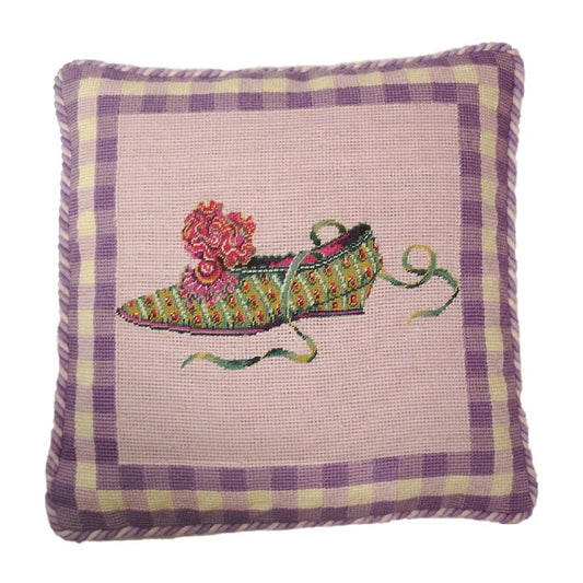 Handmade Wool Needlepoint Pillow Cover - Decorative Throw Cushion Cover - Vintage Floral Embroidery Design flat show lavender background with 2 color cording