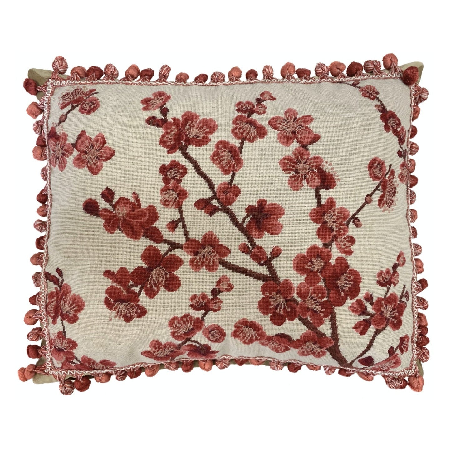 Handmade Wool Needlepoint Pillow Cover - Decorative Throw Cushion Cover - Vintage Floral Embroidery Design  red blooming plums with tassels