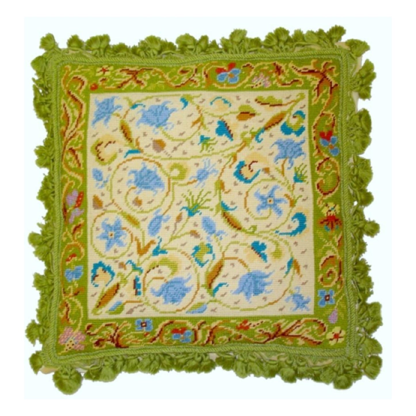 Handmade Wool Needlepoint Pillow Cover - Decorative Throw Cushion Cover - Vintage Floral Embroidery Design blue, green roses & Irish lime green frame & tassels