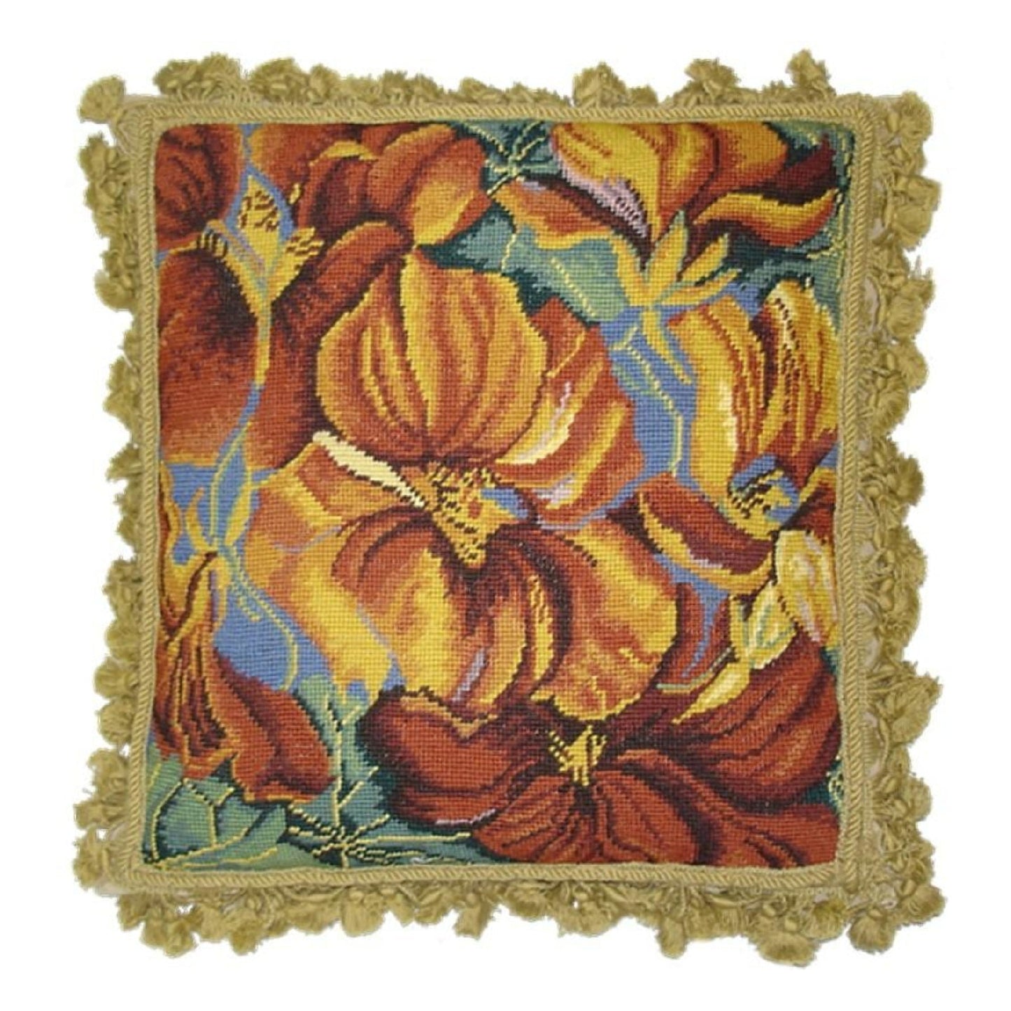 Handmade Wool Needlepoint Pillow Cover - Decorative Throw Cushion Cover - Vintage Floral Embroidery Design tiger Orchard with gold tassels