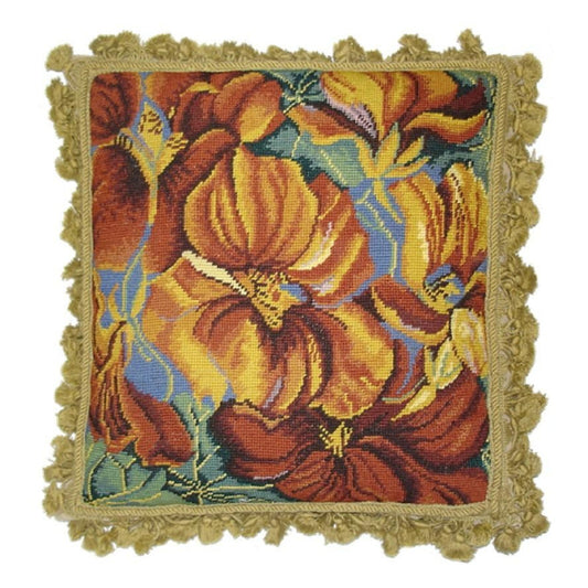 Handmade Wool Needlepoint Pillow Cover - Decorative Throw Cushion Cover - Vintage Floral Embroidery Design tiger Orchard with gold tassels