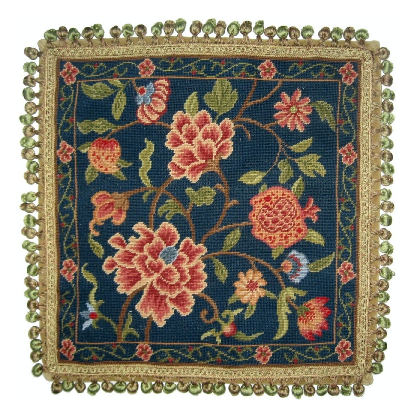 Handmade Wool Needlepoint Pillow Cover - Decorative Throw Cushion Cover - Vintage Floral Embroidery Design navy blue back blooming peonies with tassels