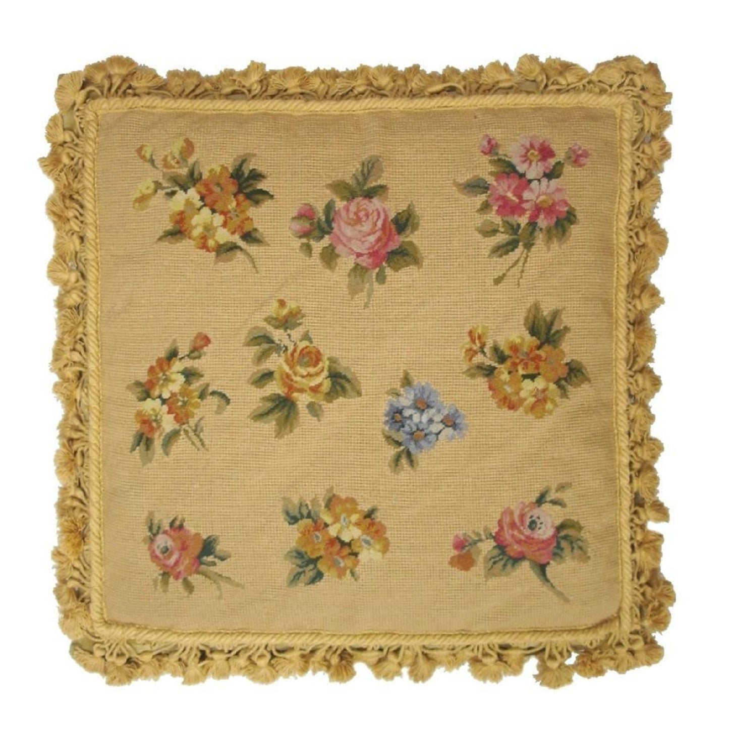 Handmade Wool Needlepoint Pillow Cover - Decorative Throw Cushion Cover - Vintage Floral Embroidery Design roses background