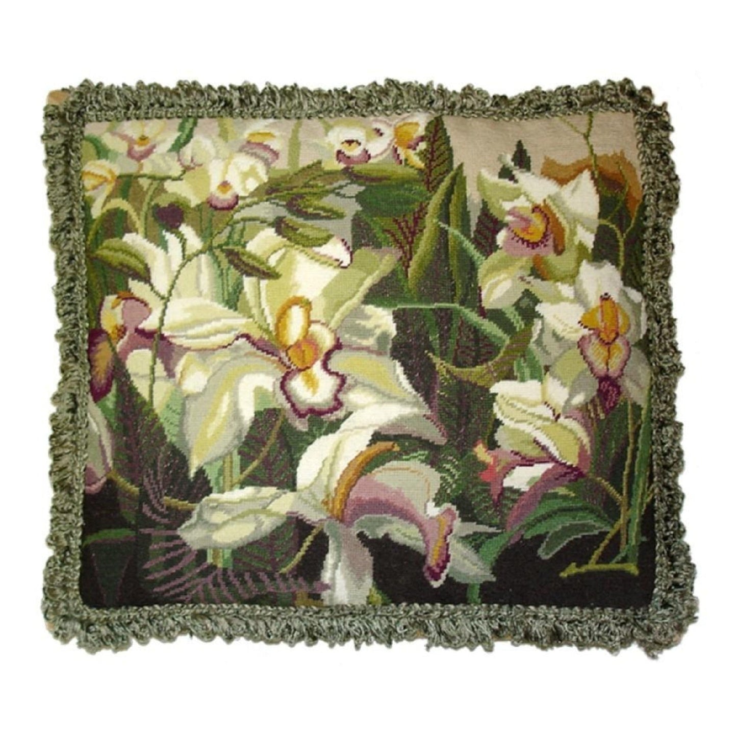 Handmade Wool Needlepoint Pillow Cover - Decorative Throw Cushion Cover - Vintage Floral Embroidery Design  Iris in shade of  ivory, pink purple, yellow green, with green tassels