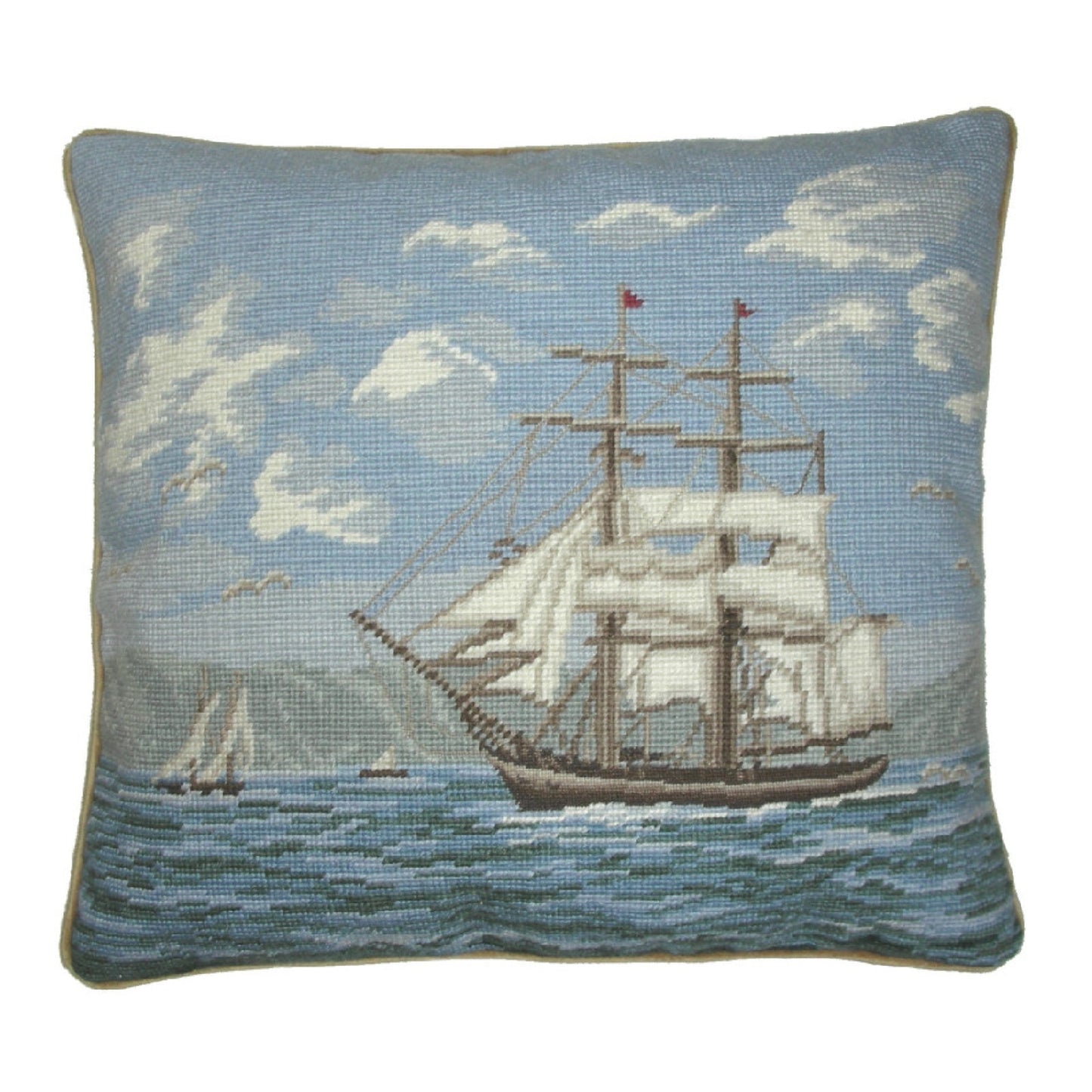 Handmade Wool Needlepoint Pillow Cover - Decorative Throw Cushion Cover - Vintage Floral Embroidery Design sail boat