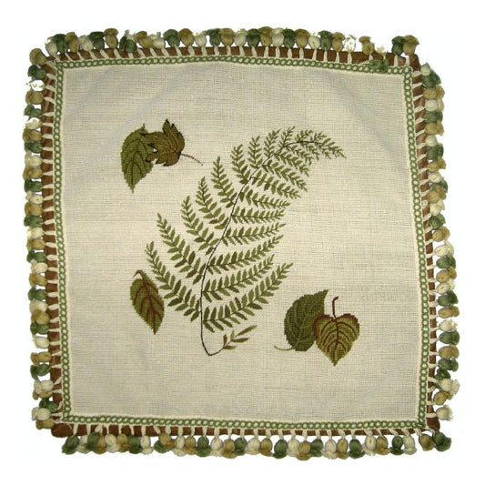 Handmade Wool Needlepoint Pillow Cover - Decorative Throw Cushion Cover - Vintage Floral Embroidery Design fern, leaves with tassels