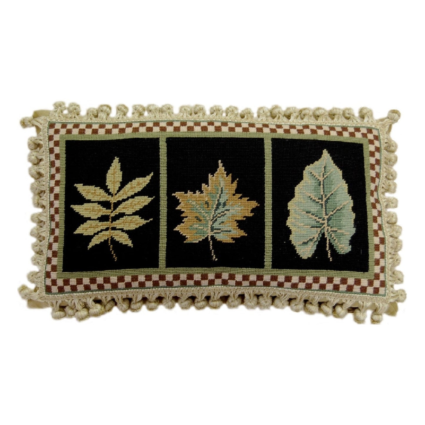 Handmade Wool Needlepoint Pillow Cover - Decorative Throw Cushion Cover - Vintage Floral Embroidery Design 3, S-L, leaves black background with tassels