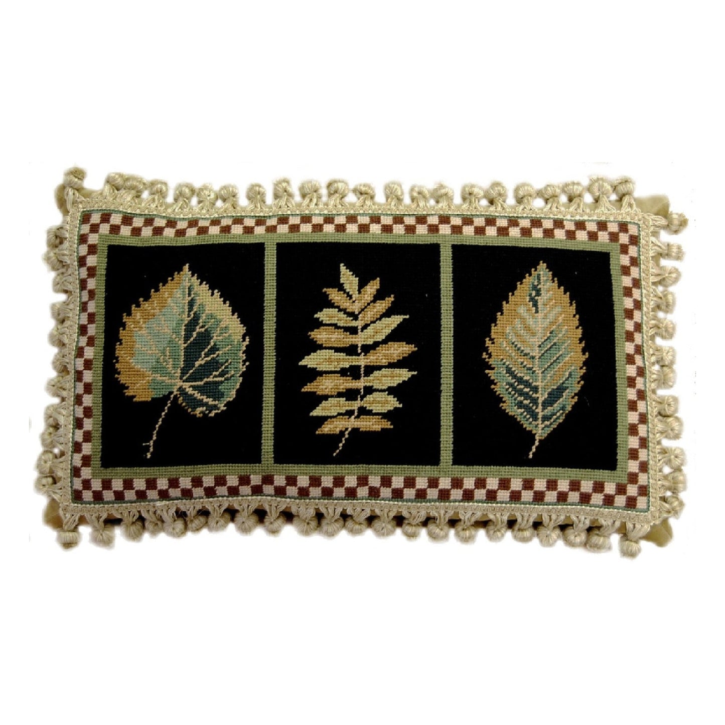 Handmade Wool Needlepoint Pillow Cover - Decorative Throw Cushion Cover - Vintage Floral Embroidery Design 3 leaves, L-L, black background with tassels