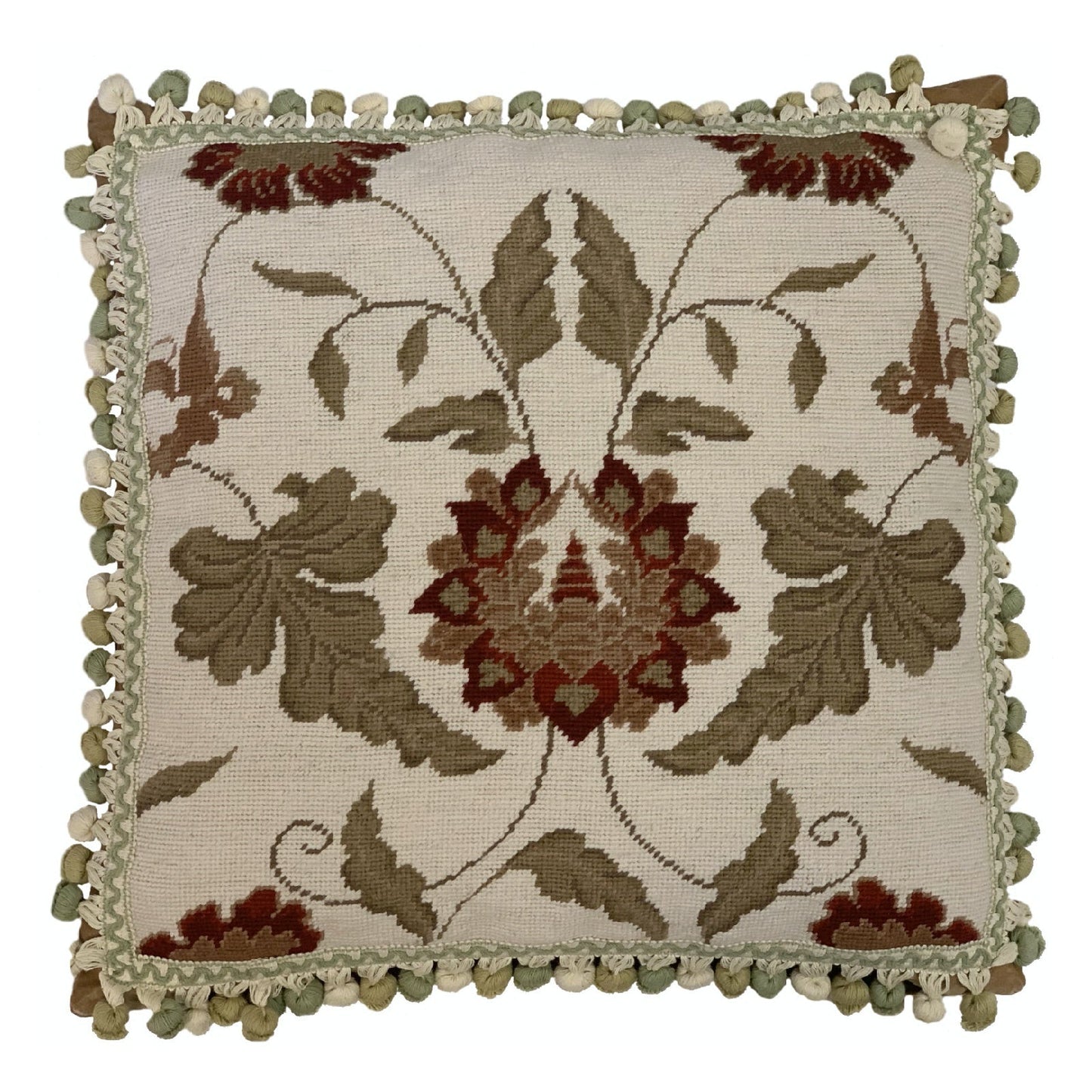 Handmade Wool Needlepoint Pillow Cover - Decorative Throw Cushion Cover - Vintage Floral Embroidery Design leaf red flowers with 3 color tassels