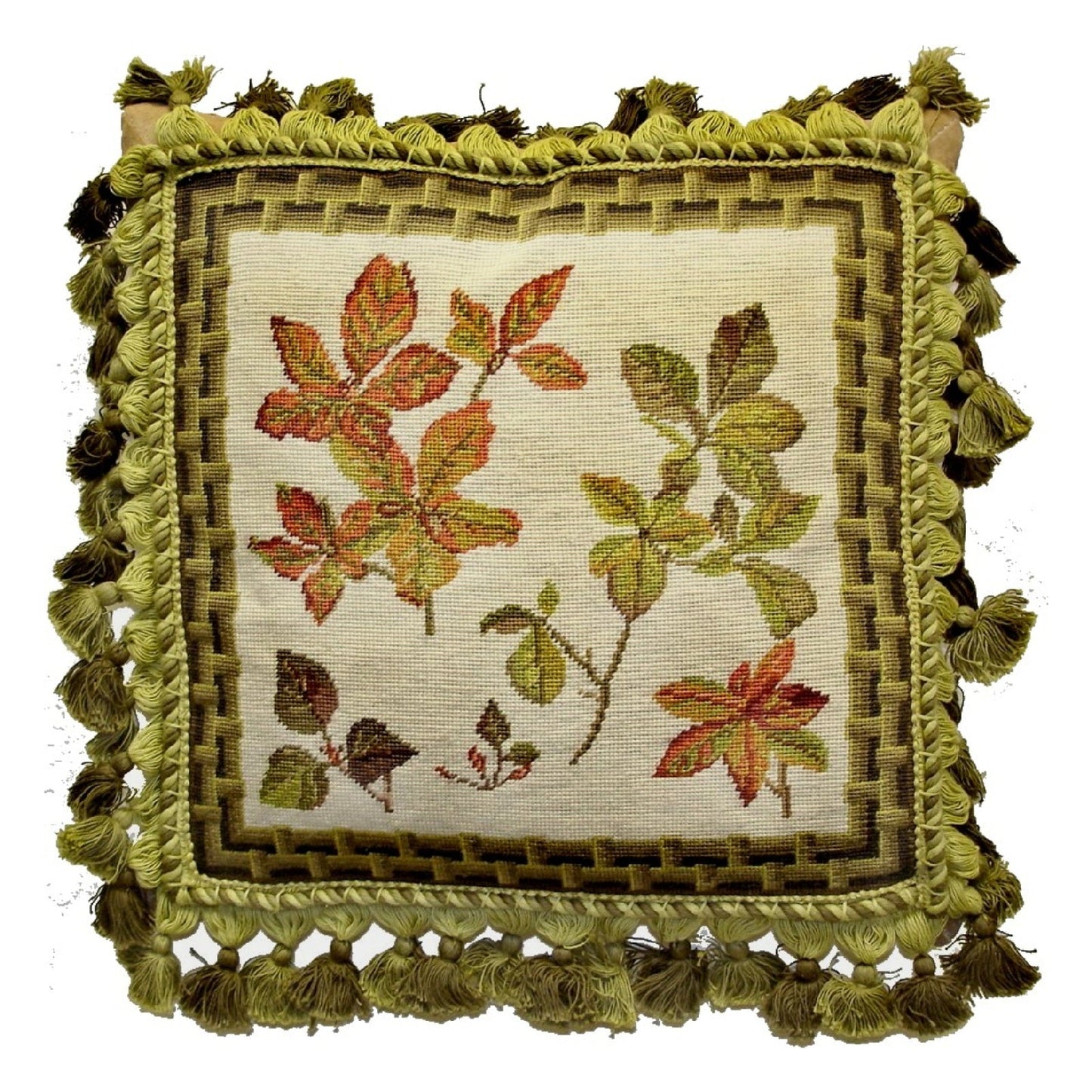 Handmade Wool Needlepoint Pillow Cover - Decorative Throw Cushion Cover - Vintage Floral Embroidery Design  leaves bamboo frame with 3 color tassel