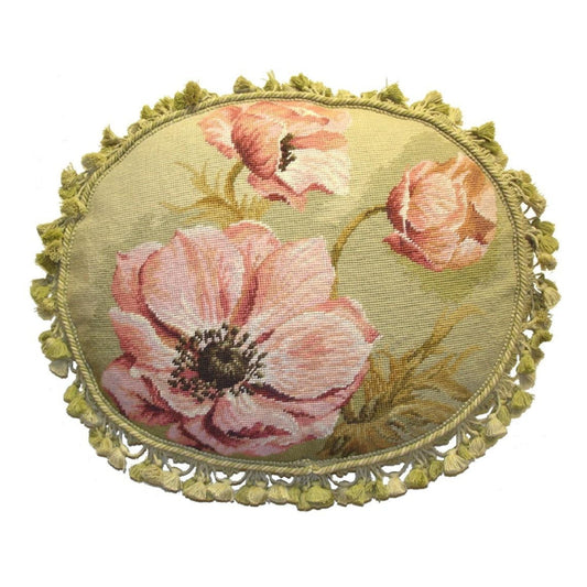 Handmade Wool Needlepoint Pillow Cover - Decorative Throw Cushion Cover - Vintage Floral Embroidery Design Kathryn White designPink Magnolia with 3 color tassels