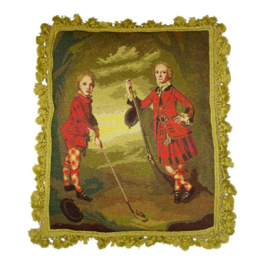 Handmade Wool Needlepoint Pillow Cover - Decorative Throw Cushion Cover - Vintage Floral Embroidery Design Irish Golfers background with tassels