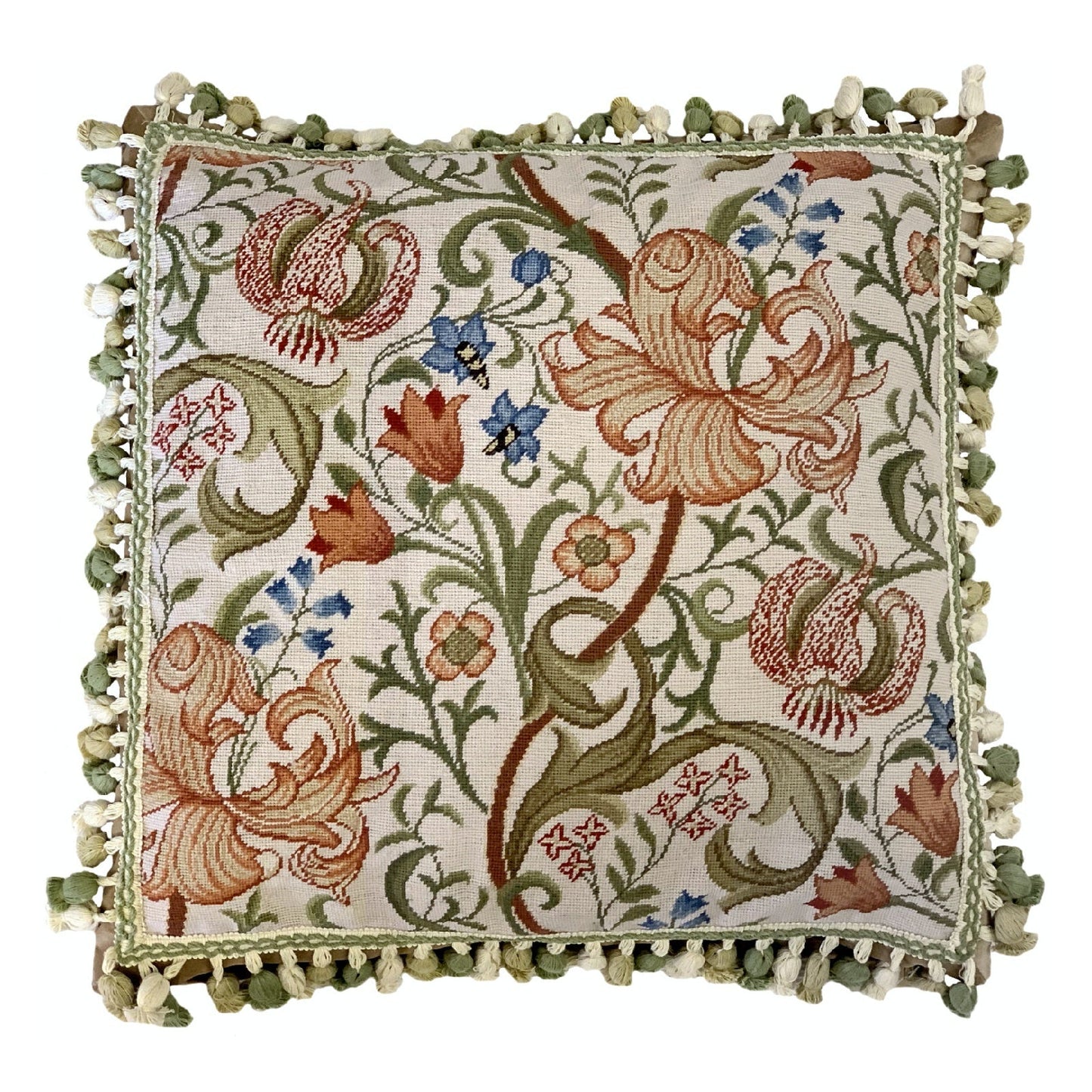 Handmade Wool Needlepoint Pillow Cover - Decorative Throw Cushion Cover - Vintage Floral Embroidery Design  floral in orange pink green blue with tassels A