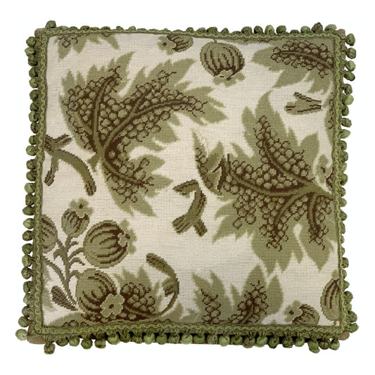 Handmade Wool Needlepoint Pillow Cover - Decorative Throw Cushion Cover - Vintage Floral Embroidery Design olive grapes leaves ivory background with tassels