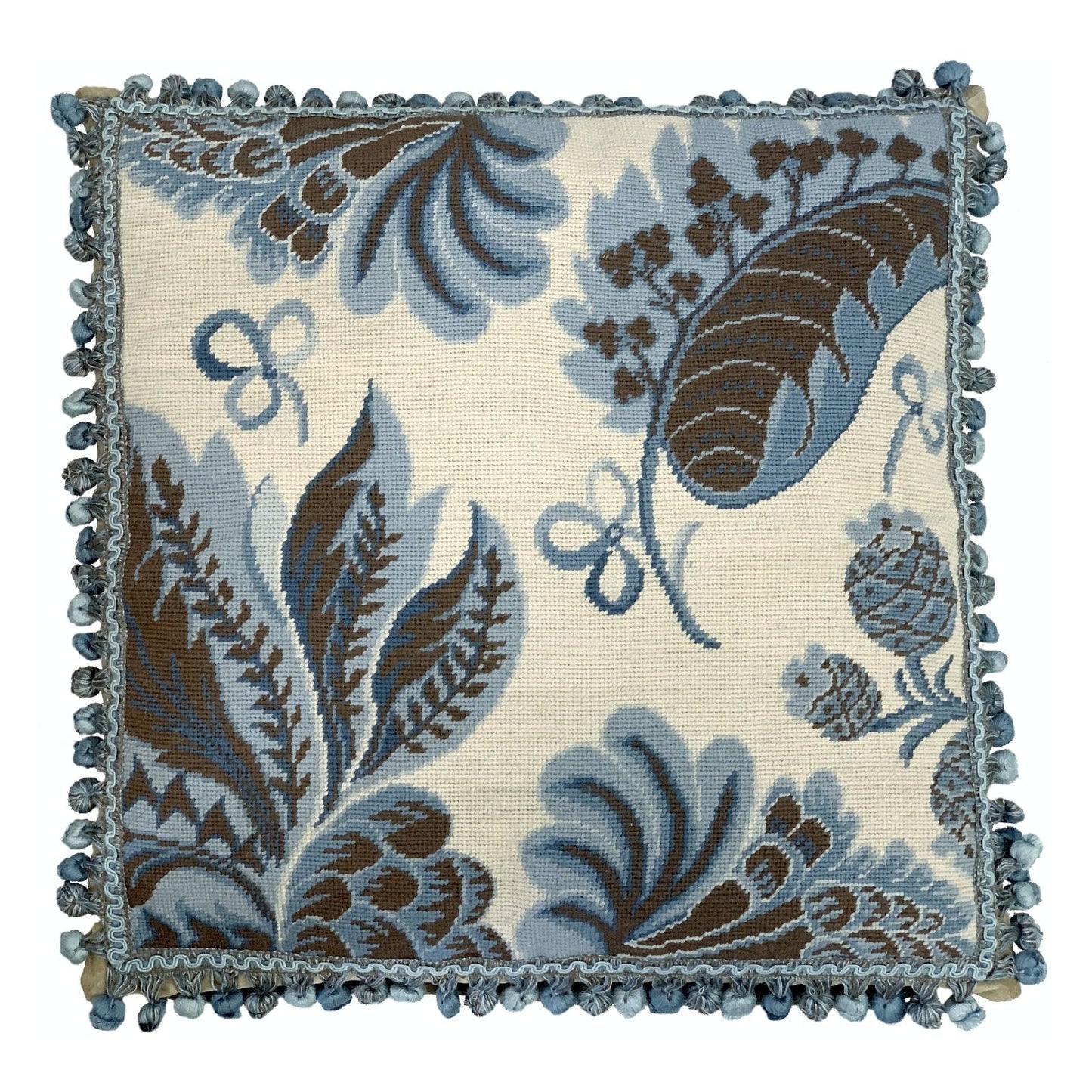 Handmade Wool Needlepoint Pillow Cover - Decorative Throw Cushion Cover - Vintage Floral Embroidery Design blue tropical leaves ivory background with tassels II