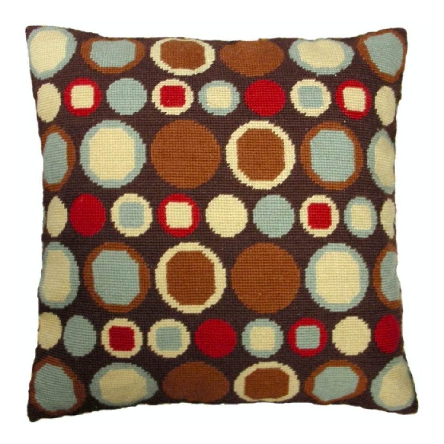 Handmade Wool Needlepoint Pillow Cover - Decorative Throw Cushion Cover - Vintage Floral Embroidery Design different sizes dots in shade of brown,green,cream,red,brown background