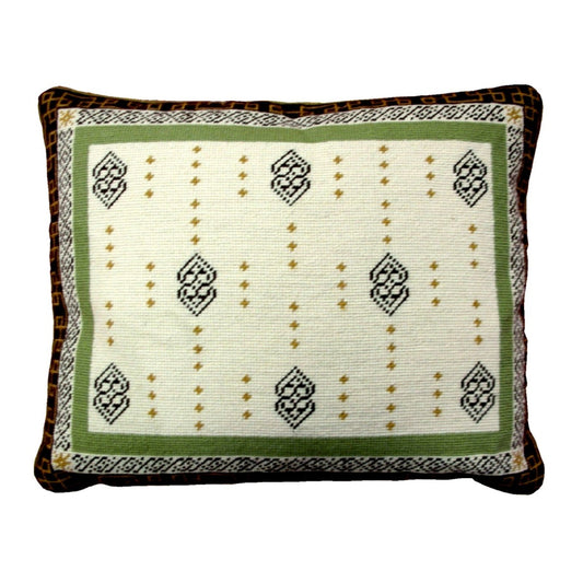 Handmade Wool Needlepoint Pillow Cover - Decorative Throw Cushion Cover - Vintage Floral Embroidery Design tapestry heartscroll rct design green/brown