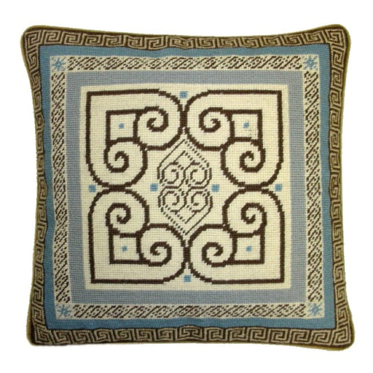 Handmade Wool Needlepoint Pillow Cover - Decorative Throw Cushion Cover - Vintage Floral Embroidery Design blue/brown heartscroll design
