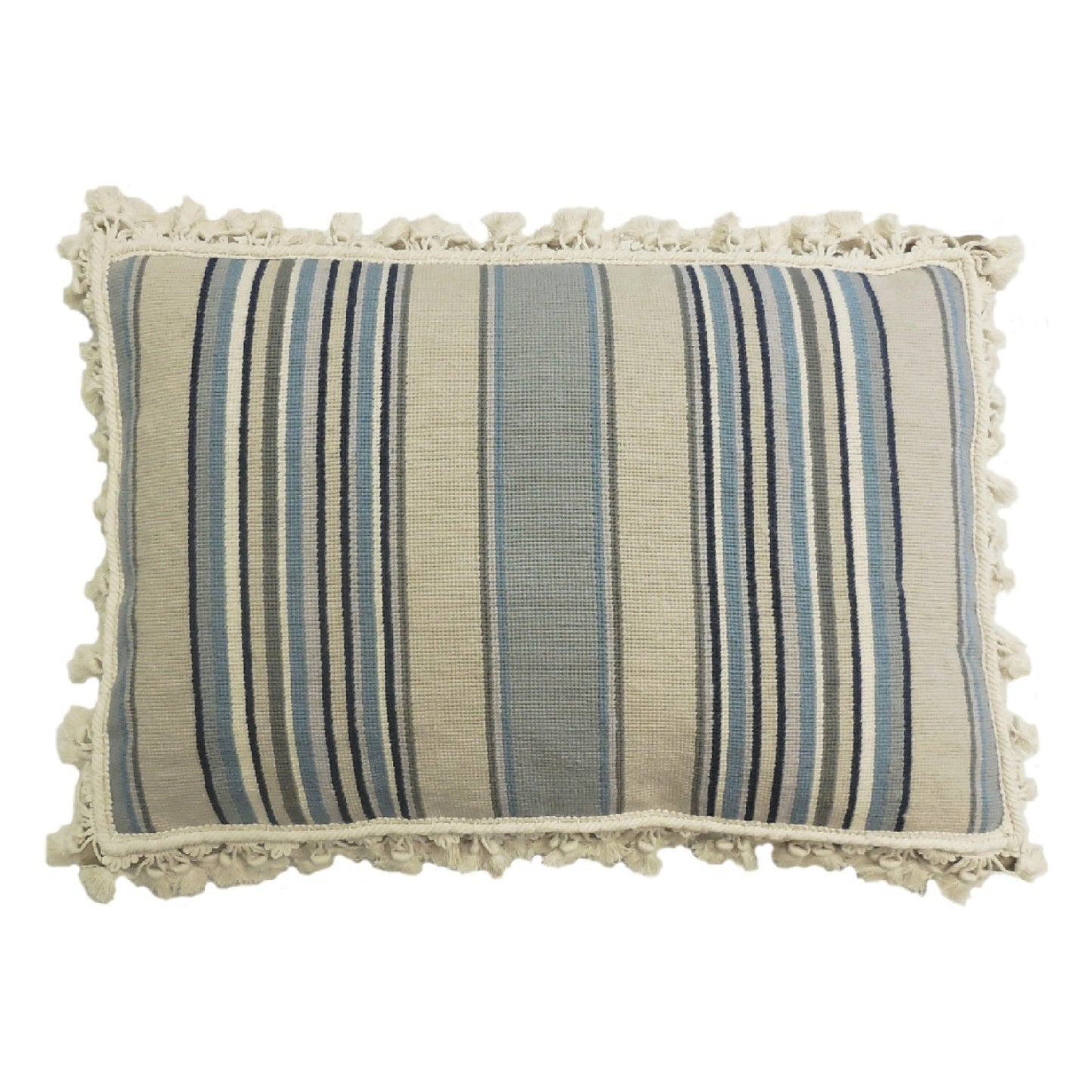 Handmade Wool Needlepoint Pillow Cover - Decorative Throw Cushion Cover - Vintage Floral Embroidery Design strips in blue/sand/navy/ivory with tassels