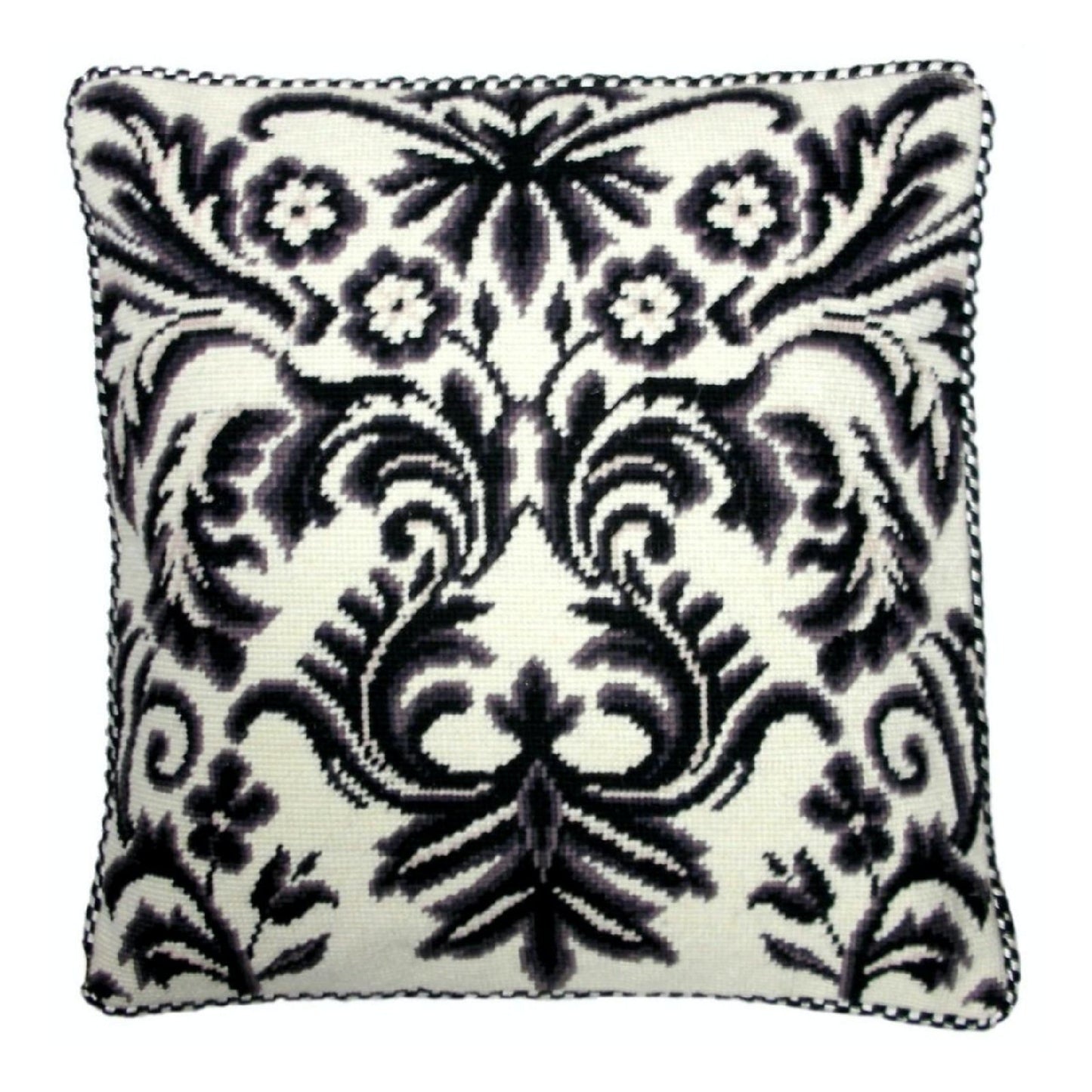 Handmade Wool Needlepoint Pillow Cover - Decorative Throw Cushion Cover - Vintage Floral Embroidery Design b/w floral deisgn with 2 color cording