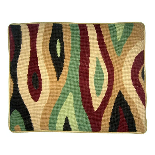 Handmade Wool Needlepoint Pillow Cover - Decorative Throw Cushion Cover - Vintage Floral Embroidery Design geography in red, green, sand on gold background