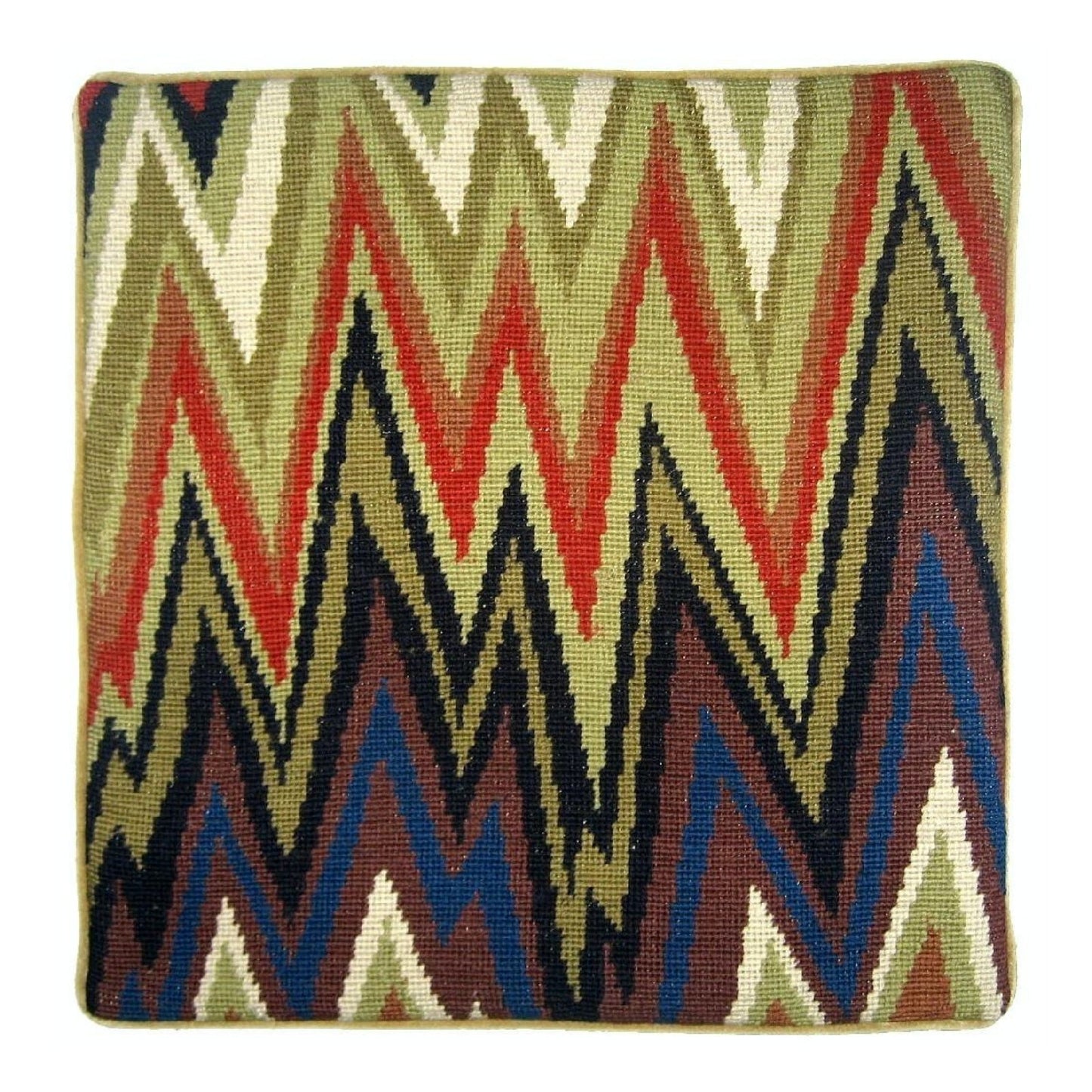 Handmade Wool Needlepoint Pillow Cover - Decorative Throw Cushion Cover - Vintage Floral Embroidery Design lighting in brown, blue, olive, red, ivory