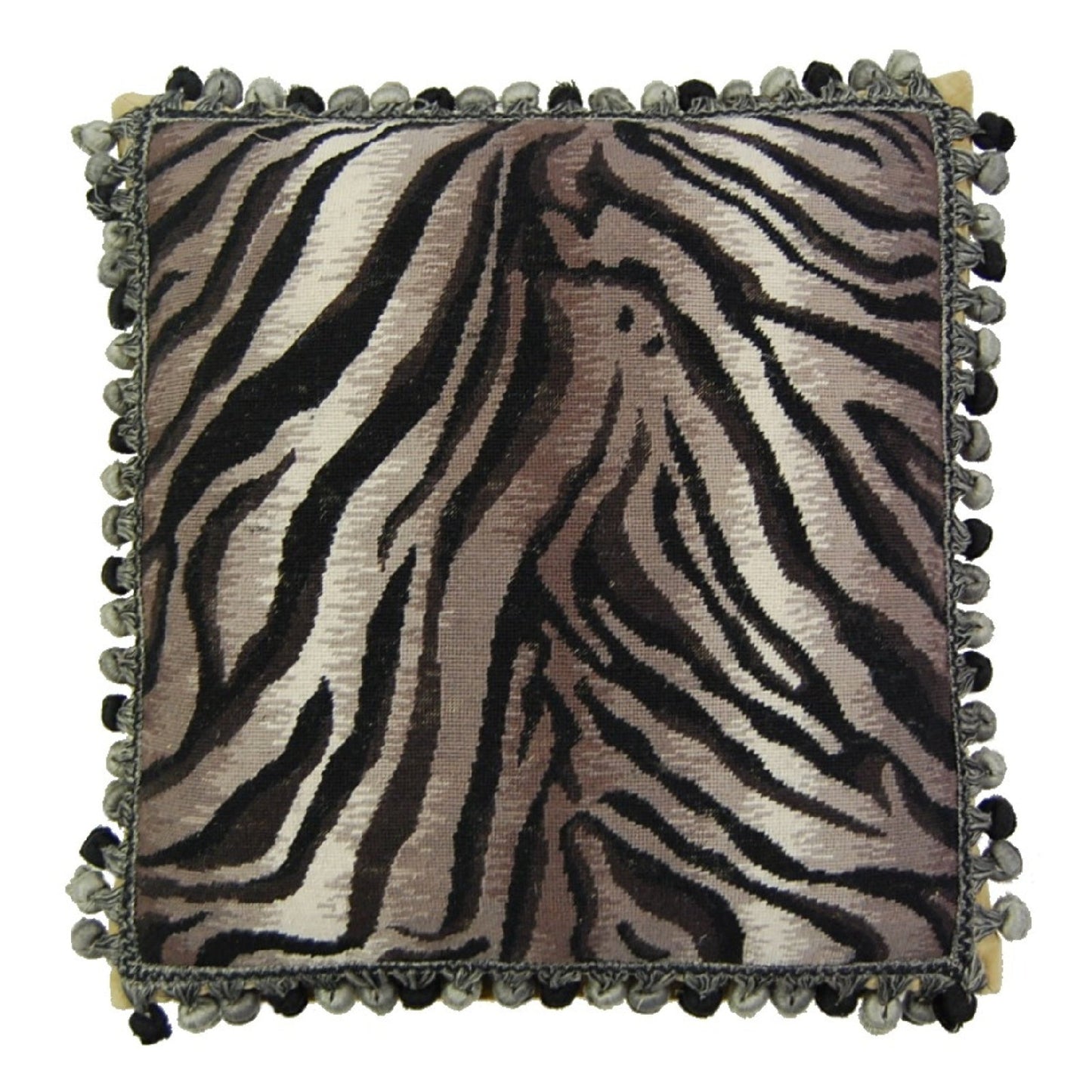 Handmade Wool Needlepoint Pillow Cover - Decorative Throw Cushion Cover - Vintage Floral Embroidery Design  Zabera animal print with bush tassel