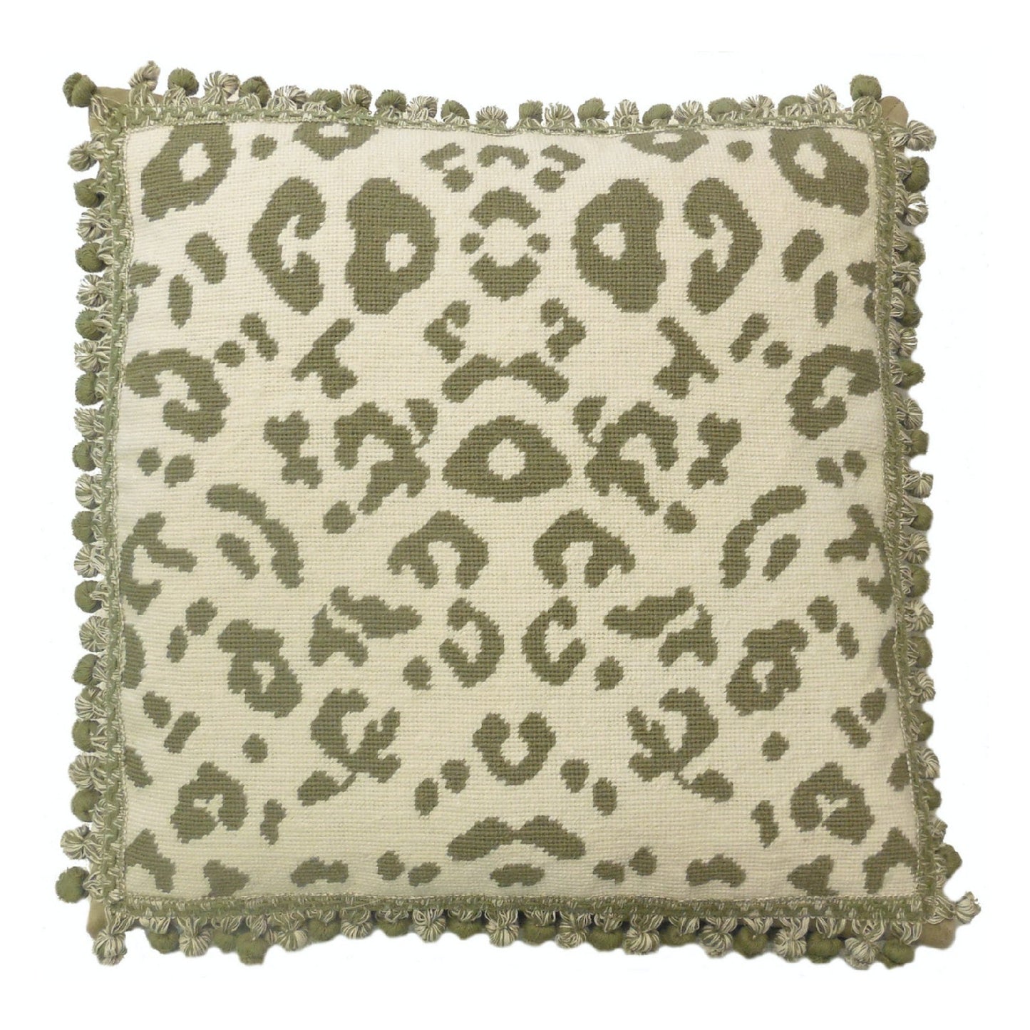 Handmade Wool Needlepoint Pillow Cover - Decorative Throw Cushion Cover - Vintage Floral Embroidery Design celery green animal print with tassels