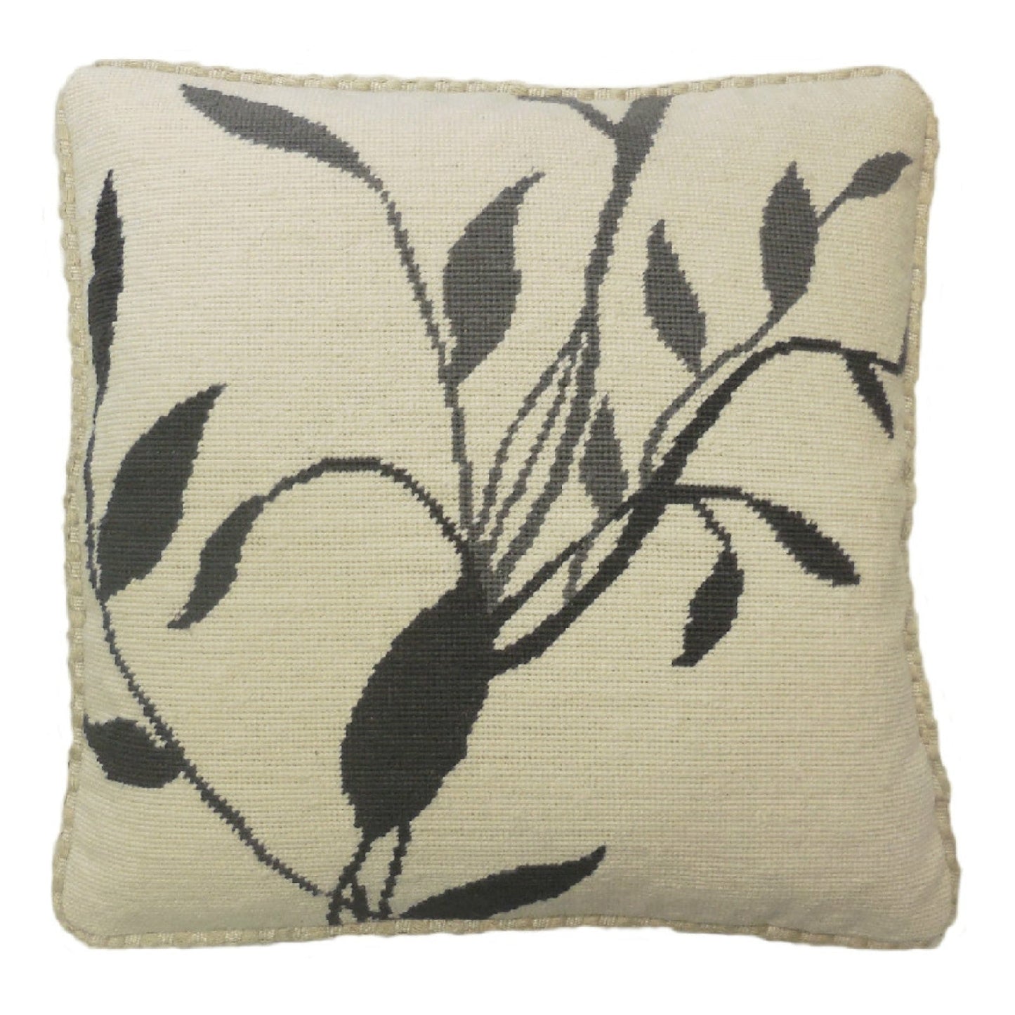 Handmade Wool Needlepoint Pillow Cover - Decorative Throw Cushion Cover - Vintage Floral Embroidery Design gray/black leaves off-white background with checker cording