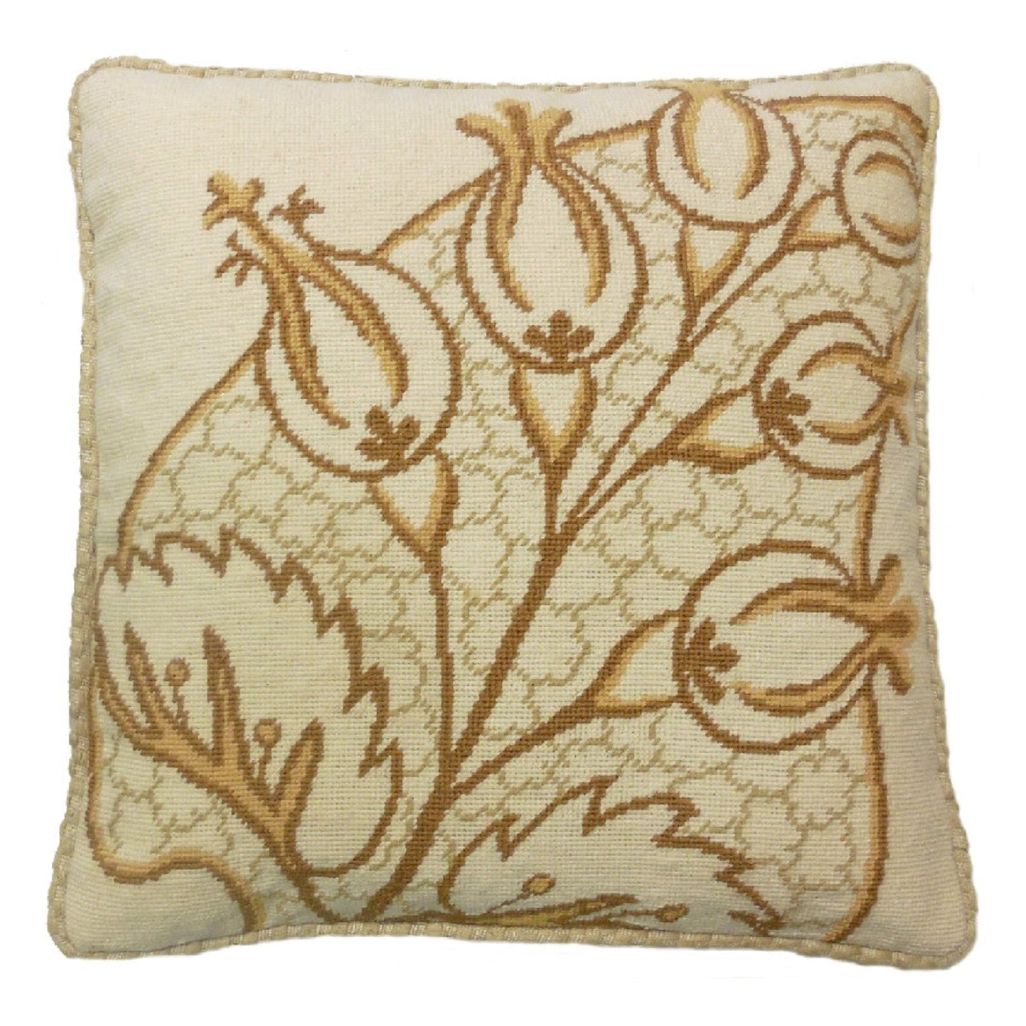 Handmade Wool Needlepoint Pillow Cover - Decorative Throw Cushion Cover - Vintage Floral Embroidery Design brown/yellow big leaves/Flowers checker cording