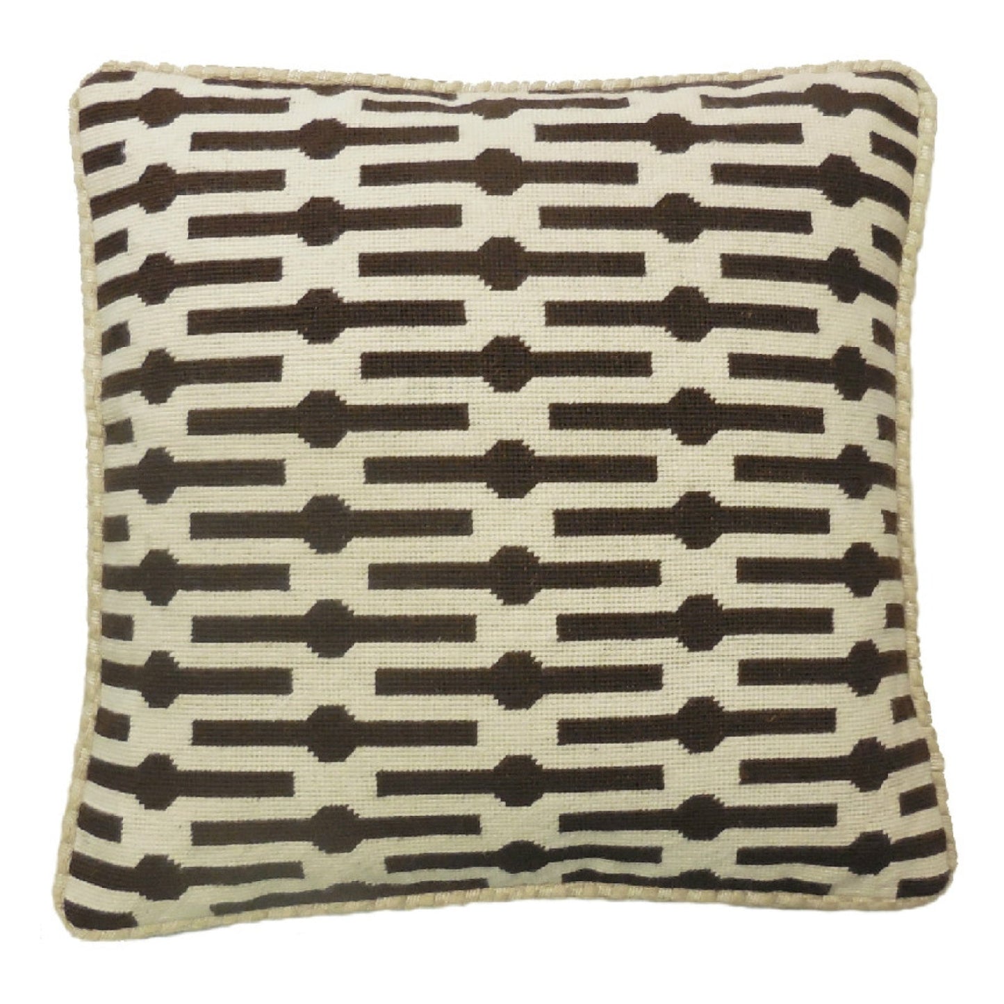 Handmade Wool Needlepoint Pillow Cover - Decorative Throw Cushion Cover - Vintage Floral Embroidery Design brown lines checkers cording