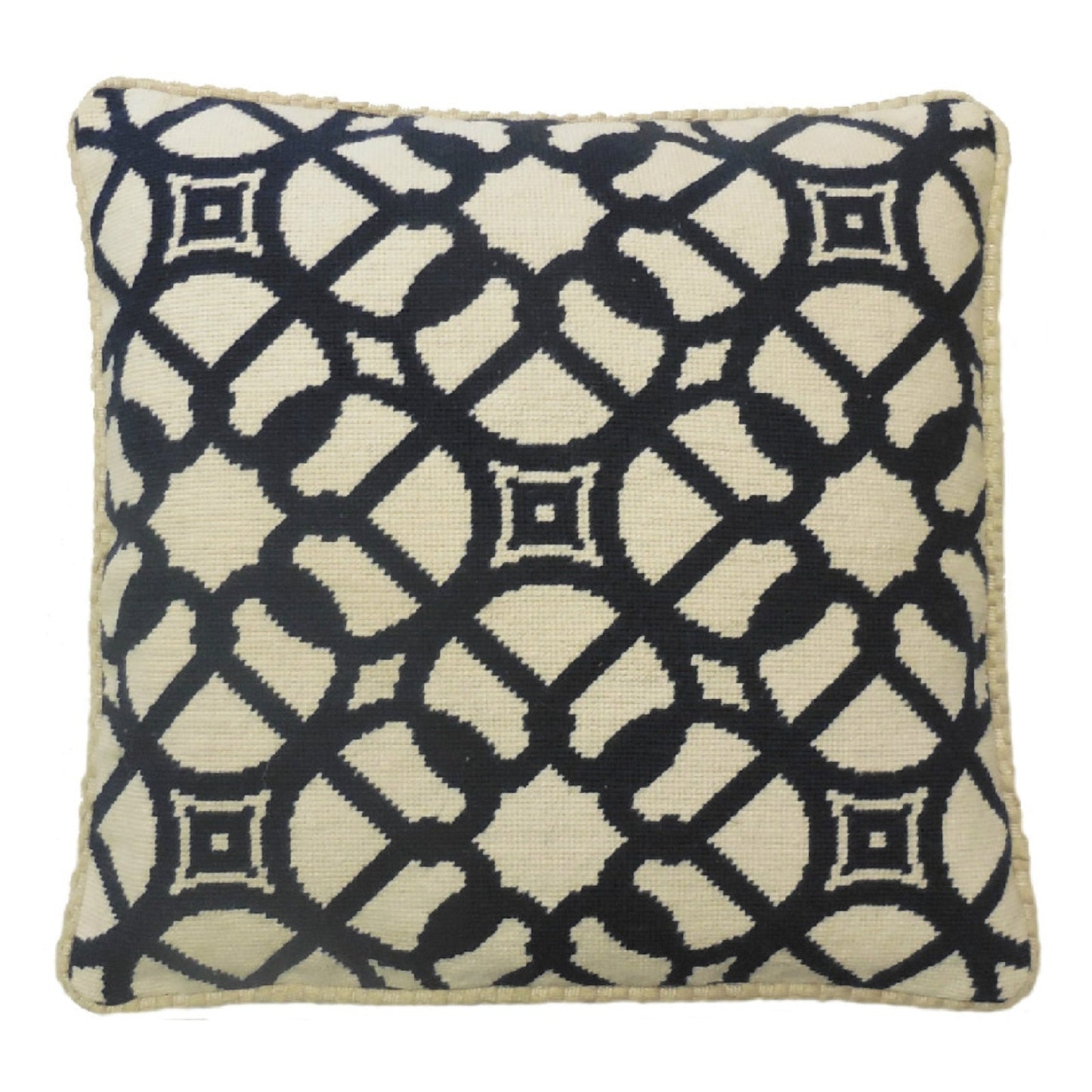 Handmade Wool Needlepoint Pillow Cover - Decorative Throw Cushion Cover - Vintage Floral Embroidery Design navy blue window designs checker cording