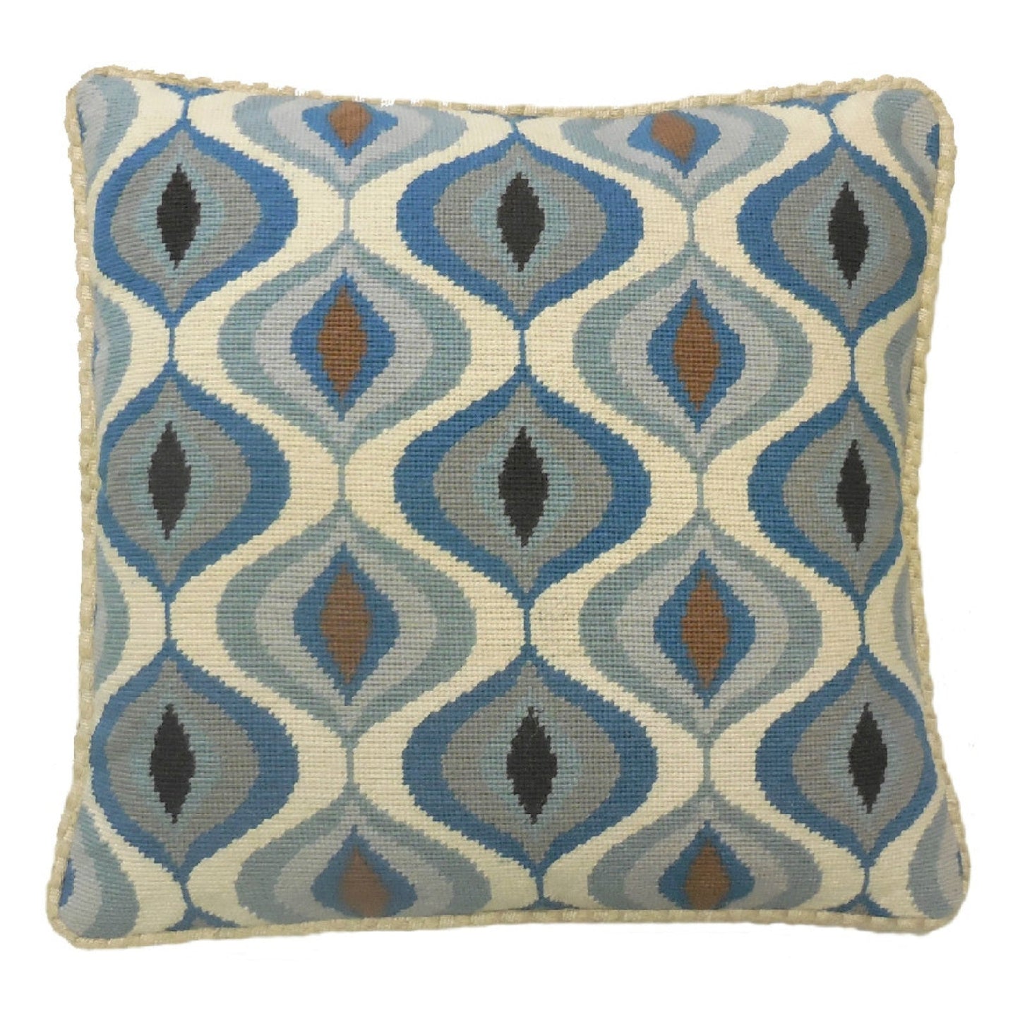 Handmade Wool Needlepoint Pillow Cover - Decorative Throw Cushion Cover - Vintage Floral Embroidery Design blue water drop pattern checker cording