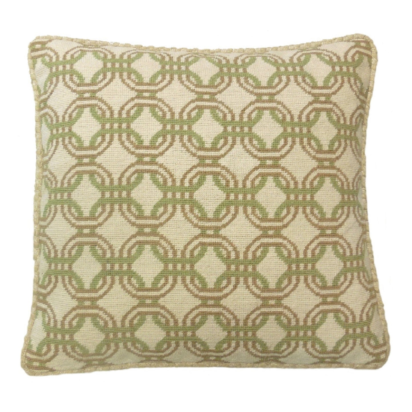 Handmade Wool Needlepoint Pillow Cover - Decorative Throw Cushion Cover - Vintage Floral Embroidery Design chain circle lime green/mustard yellow checker cording