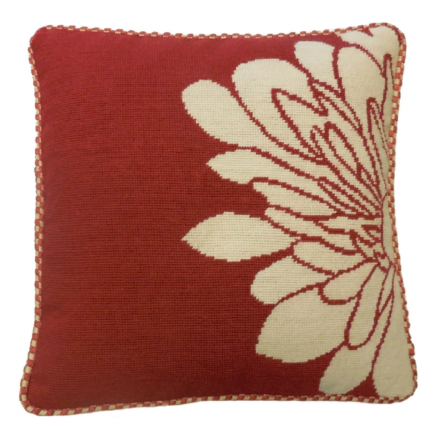 Handmade Wool Needlepoint Pillow Cover - Decorative Throw Cushion Cover - Vintage Floral Embroidery Design half flower red back checker cording