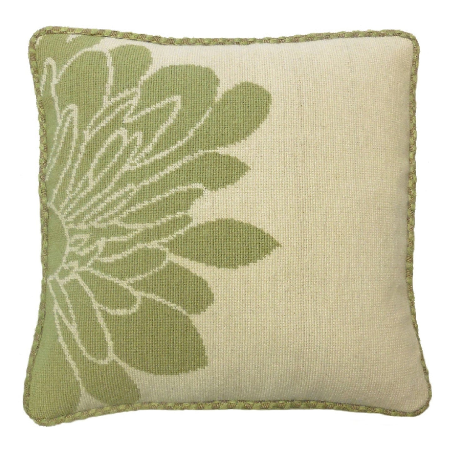 Handmade Wool Needlepoint Pillow Cover - Decorative Throw Cushion Cover - Vintage Floral Embroidery Design green half flower off-white back checker cording