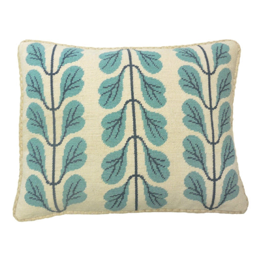 Handmade Wool Needlepoint Pillow Cover - Decorative Throw Cushion Cover - Vintage Floral Embroidery Design 3 lines blue leaves checker cording