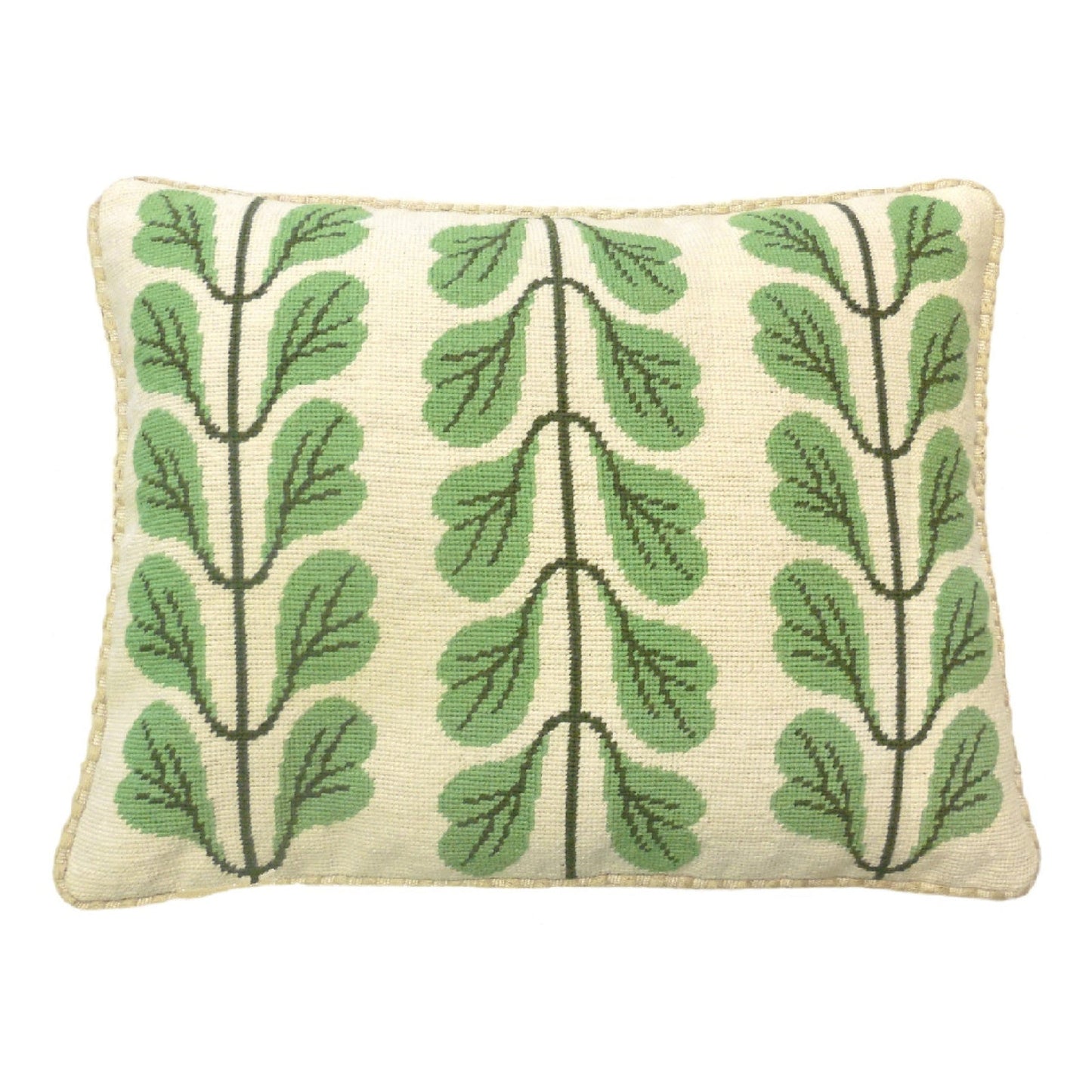 Handmade Wool Needlepoint Pillow Cover - Decorative Throw Cushion Cover - Vintage Floral Embroidery Design 3 lines green leaves checker cording