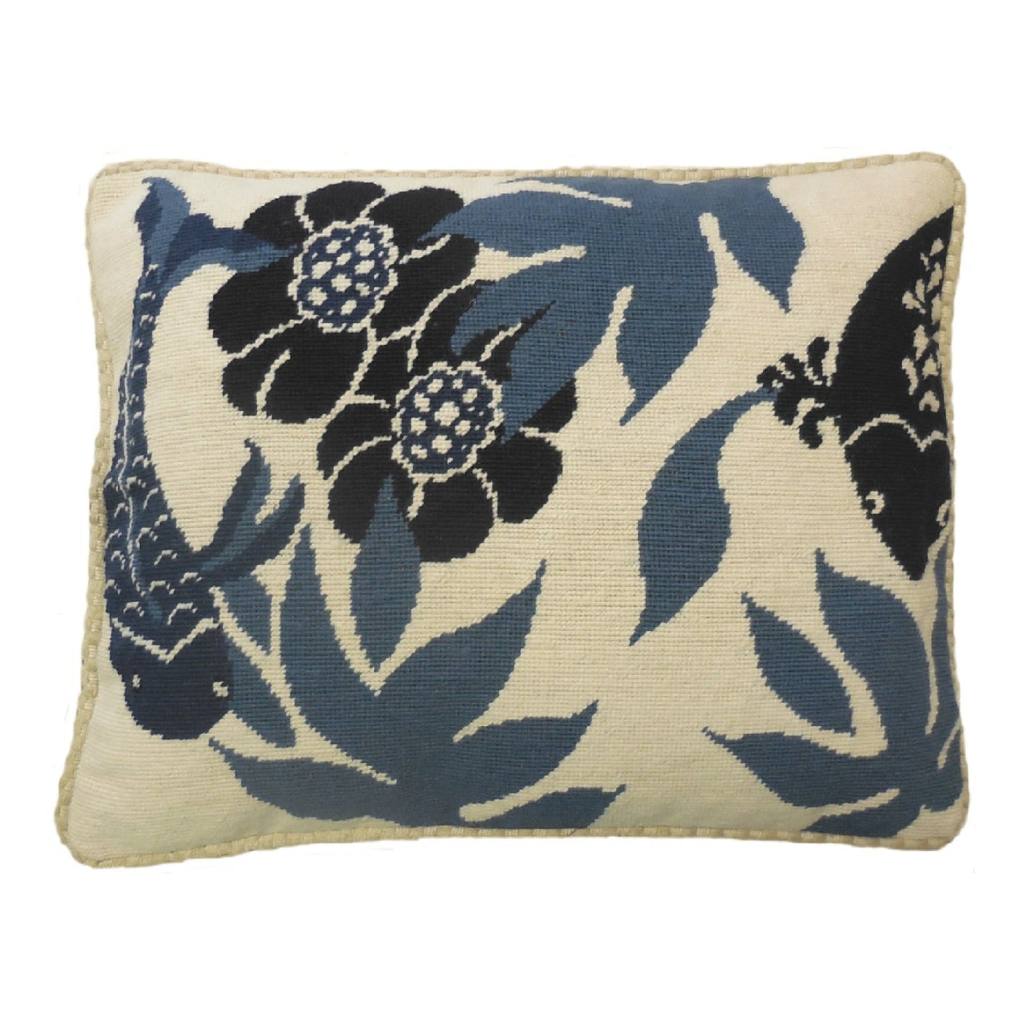 Handmade Wool Needlepoint Pillow Cover - Decorative Throw Cushion Cover - Vintage Floral Embroidery Design blue Koi ship checker cording