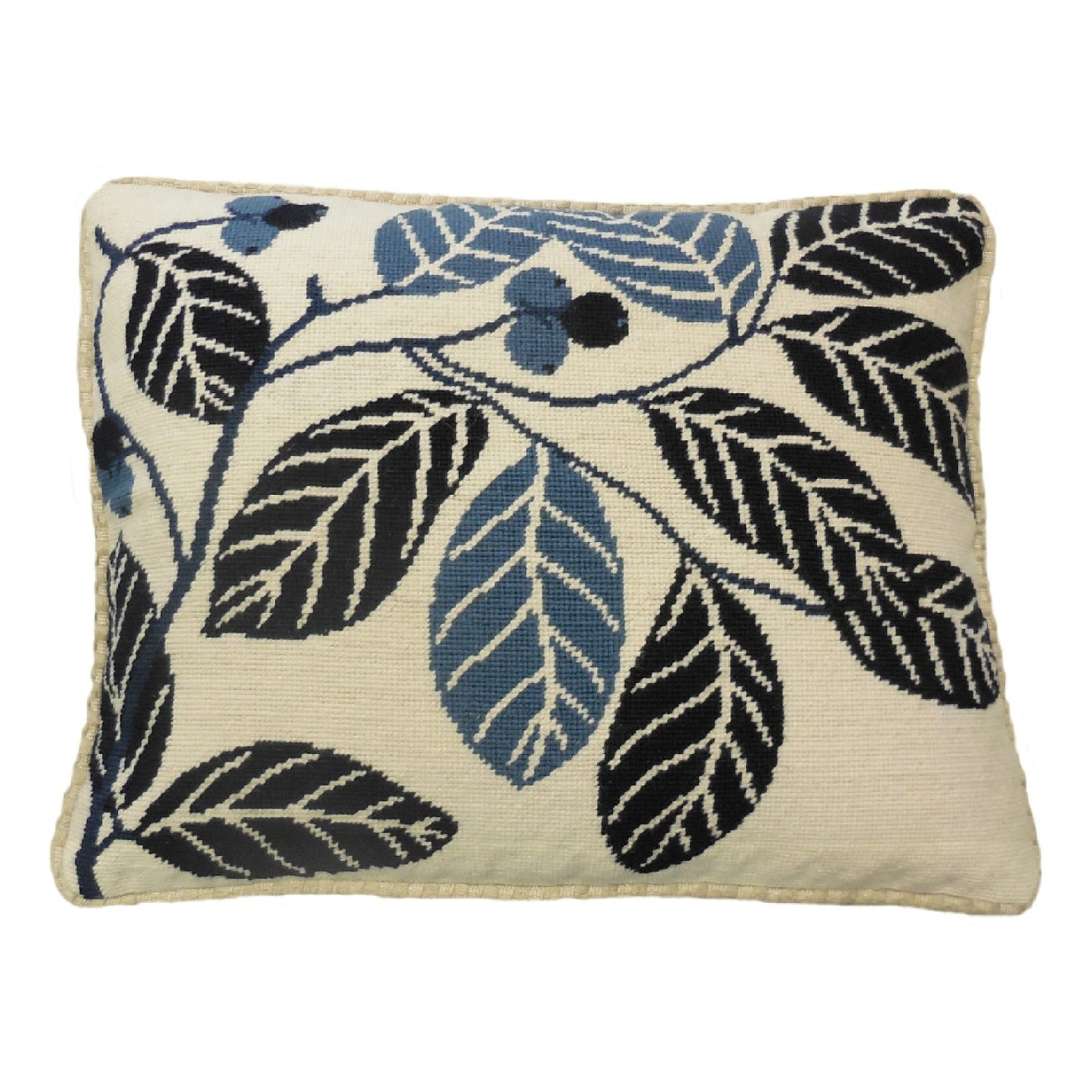 Handmade Wool Needlepoint Pillow Cover - Decorative Throw Cushion Cover - Vintage Floral Embroidery Design blue cherry checker cording