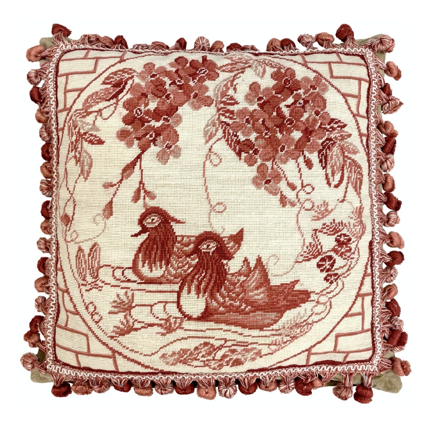Handmade Wool Needlepoint Pillow Cover - Decorative Throw Cushion Cover - Vintage Floral Embroidery Design  red Manderain Ducks plum flowers with tassels