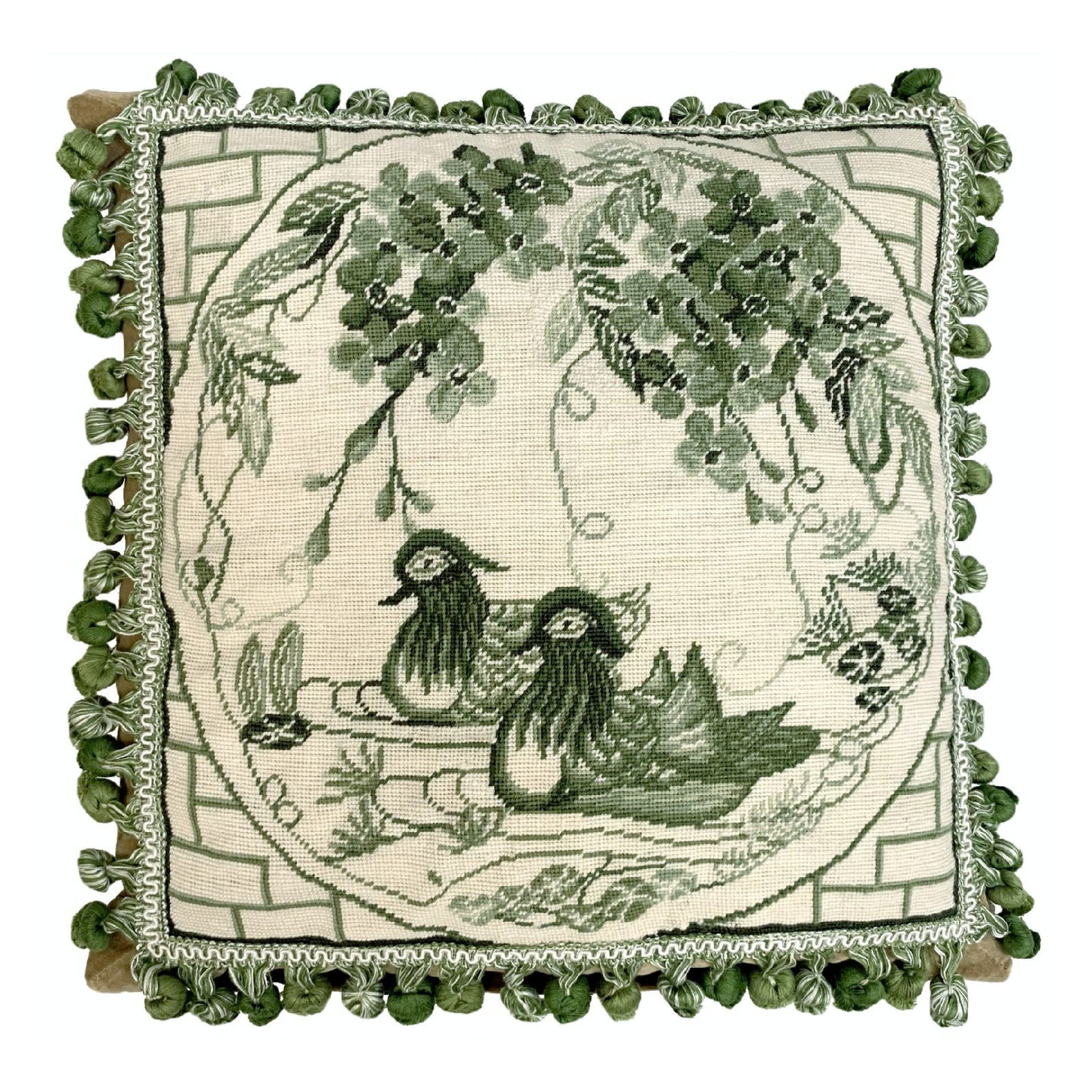 Handmade Wool Needlepoint Pillow Cover - Decorative Throw Cushion Cover - Vintage Floral Embroidery Design  green Manderain Ducks plum flower with tassels
