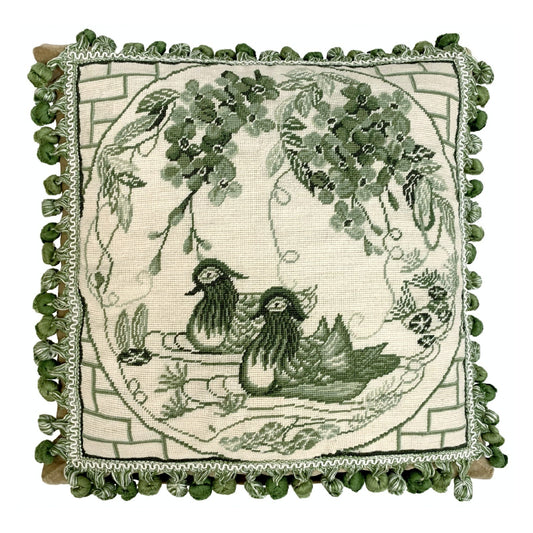 Handmade Wool Needlepoint Pillow Cover - Decorative Throw Cushion Cover - Vintage Floral Embroidery Design  green Manderain Ducks plum flower with tassels