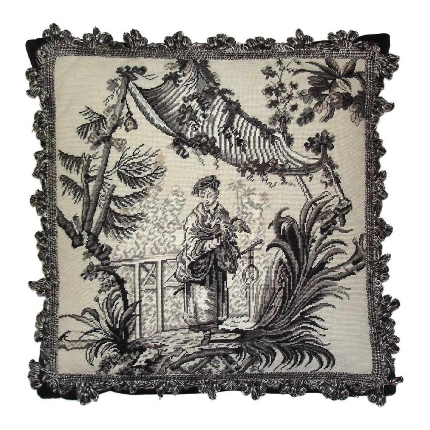 Handmade Wool Needlepoint Pillow Cover - Decorative Throw Cushion Cover - Vintage Floral Embroidery Design  Chinese fishman black/white